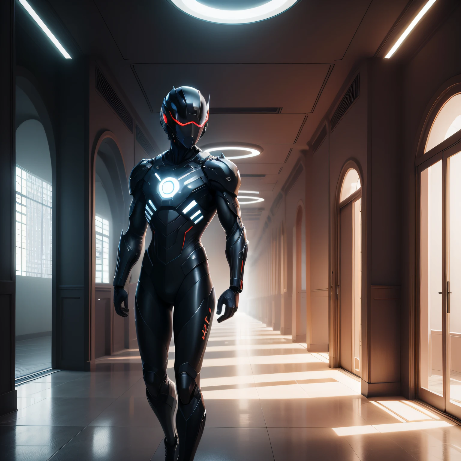 Cyberspace, um longo corredor, grades de armazenamento, future architecture