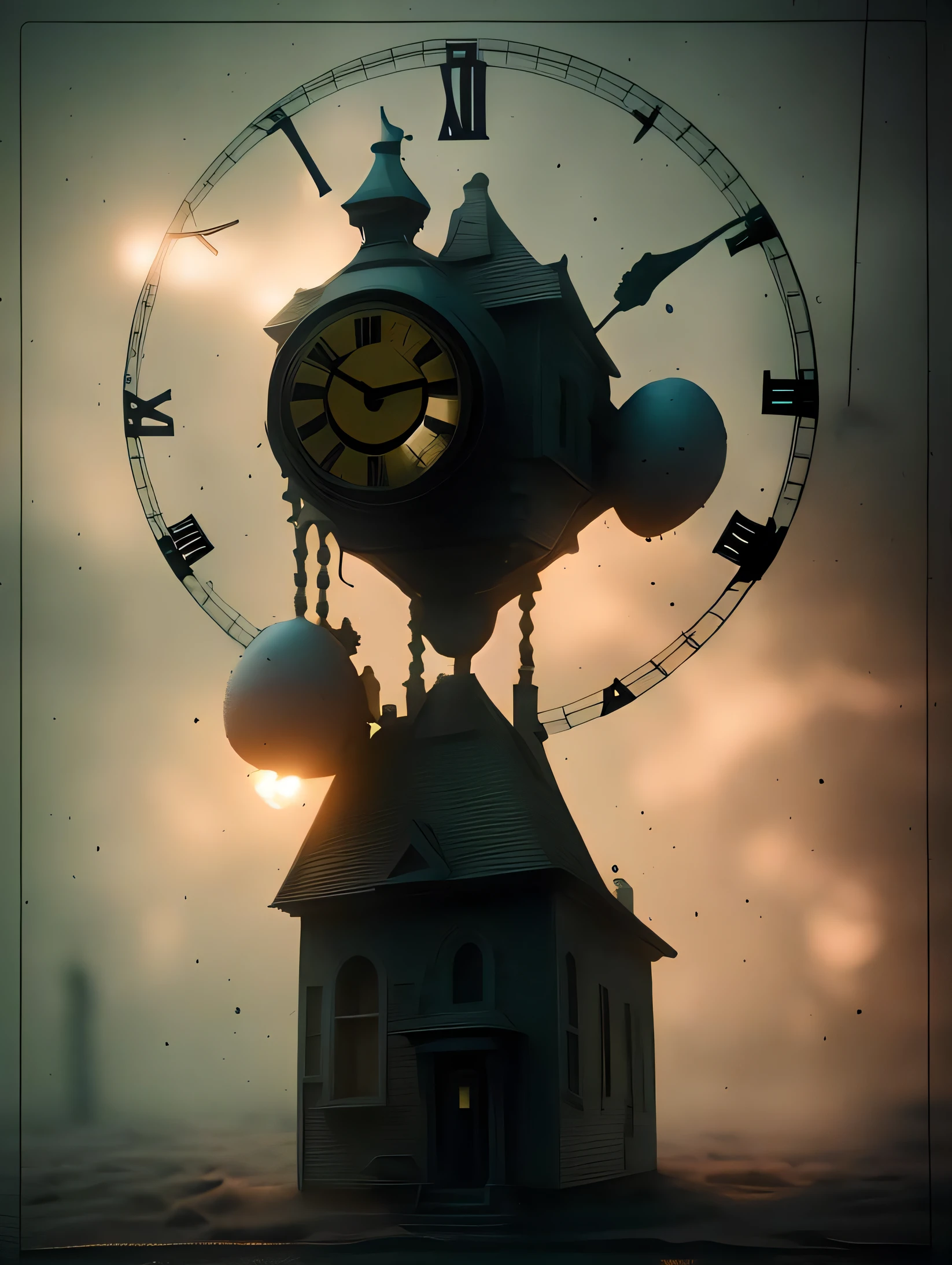 topnotch artstyle beautiful egg robot, clock, haunted house.