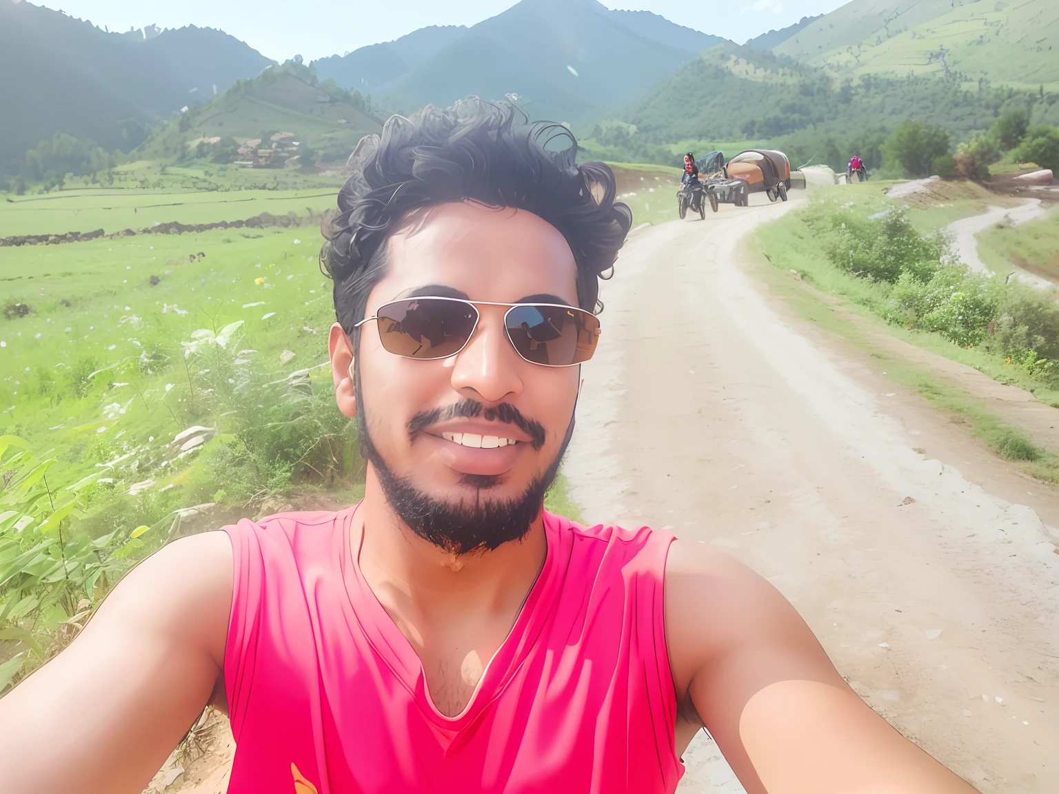 there is a man taking a selfie on a dirt road, ayan nag, in sunny weather, without helmet, with mountains in the background, selfie photo, selfie, 8k selfie photograph, hills in the background, on a sunny day, riyahd cassiem, jayison devadas, roshan, sunny day time, mohamed chahin, vinayak