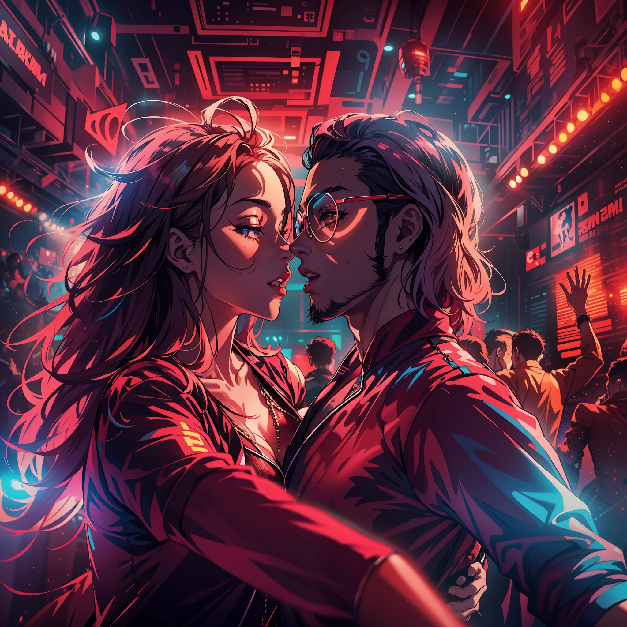 "Dynamic dance scene in a vibrant club, featuring a couple, stunning lighting, energetic background dancers, cinematic shots, and impressive camerawork."