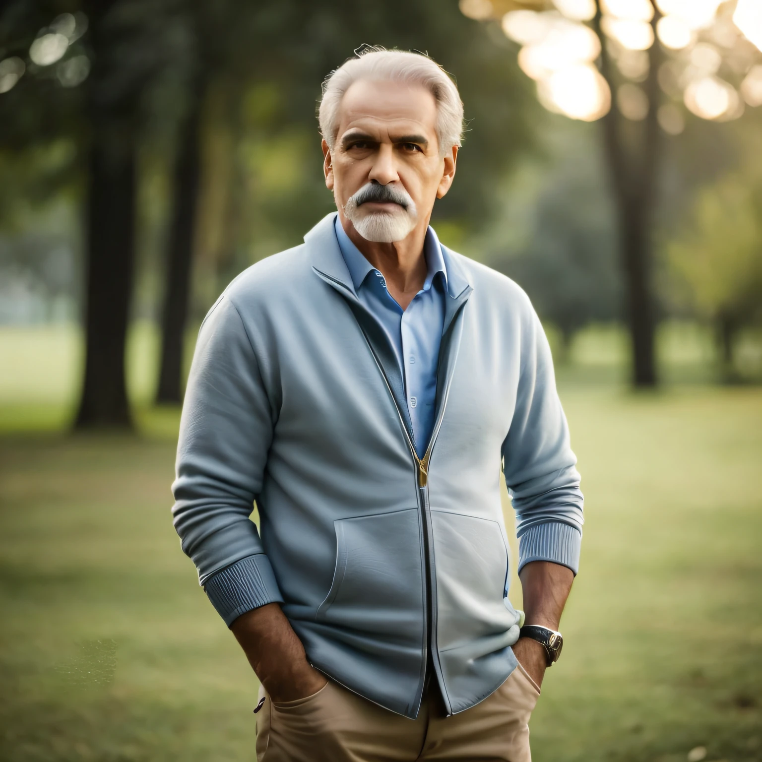 Arafed man in a blue jacket standing in a park, homem bonito, homem de cabelos grisalhos escuros, foto ainda, imagem retrato, Foto tirada com Provia, beautiful man, homem mais velho, advertising photo, ele tem cerca de 6 0 anos de idade, ele tem cerca de 60 anos, macho maduro, imagem de alta qualidade, Handsome, Retrato no meio da foto, homem de meia-idade