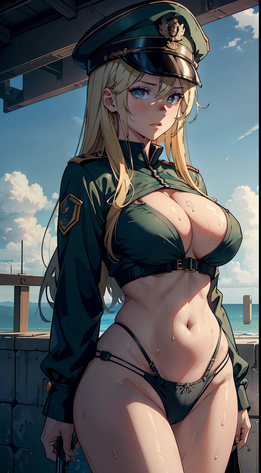 1girll，Huge breasts， She's wet， Erotic green soldier uniform，Wearing a military cap，Carry weapons，Desert military base，marine，Tong，比基尼，Take aphrodisiacs，Lewd expression， exteriors， Skysky，the night， blond hairbl，， exposed bare shoulders， standing on your feet，Hands over chest，fully body photo，Bigchest， wetclothes， From the front side， hair straight， mostly cloudy sky， Wet hair （（（tmasterpiece），（Very detailed CG unity 8K wallpaper），best qualtiy，Open-mouthed，drools，1girll，cinmatic lighting，detailed back ground，beatiful detailed eyes，Bright pupils，（Very fine and beautiful），（Beautiful and detailed eye description），ultra - detailed，tmasterpiece，）），facing at camera，Leakage out of the breast，Expose the genitals，nakeness，leering，Protruding ，Camel toes，cleavage，legs are open，Climactic expression，