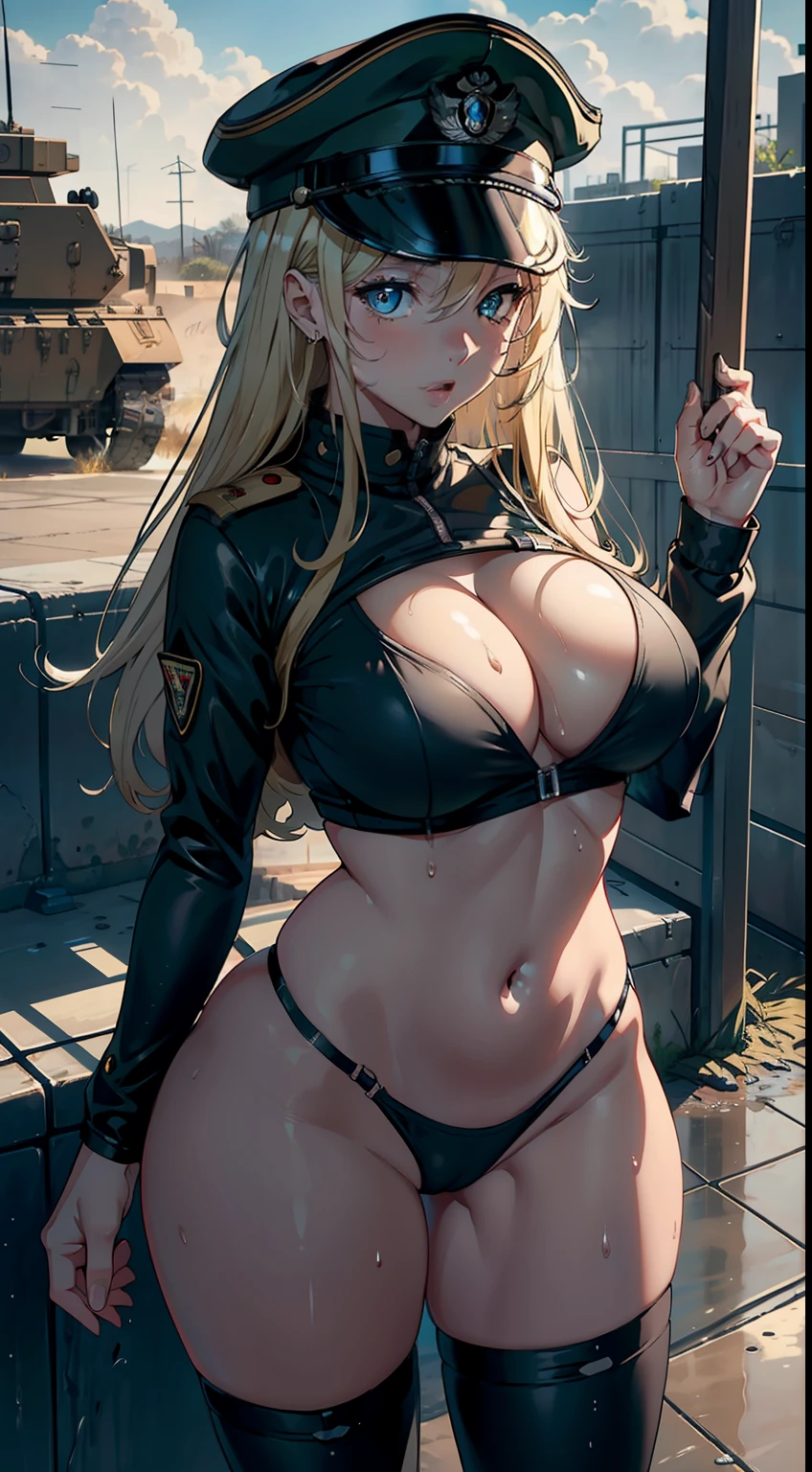 1girll,Huge breasts, She's wet, Erotic green soldier uniform,Wearing a military cap,Carry weapons,Desert military base,marine,Tong,比基尼,Take aphrodisiacs,Lewd expression, exteriors, Skysky,the night, blond hairbl,, exposed bare shoulders, standing on your feet,Hands over chest,fully body photo,Bigchest, wetclothes, From the front side, hair straight, mostly cloudy sky, Wet hair (((tmasterpiece),(Very detailed CG unity 8K wallpaper),best qualtiy,Open-mouthed,drools,1girll,cinmatic lighting,detailed back ground,beatiful detailed eyes,Bright pupils,(Very fine and beautiful),(Beautiful and detailed eye description),ultra - detailed,tmasterpiece,)),facing at camera,Leakage out of the breast,Expose the genitals,nakeness,leering,Protruding ,Camel toes,cleavage,legs are open,Climactic expression,