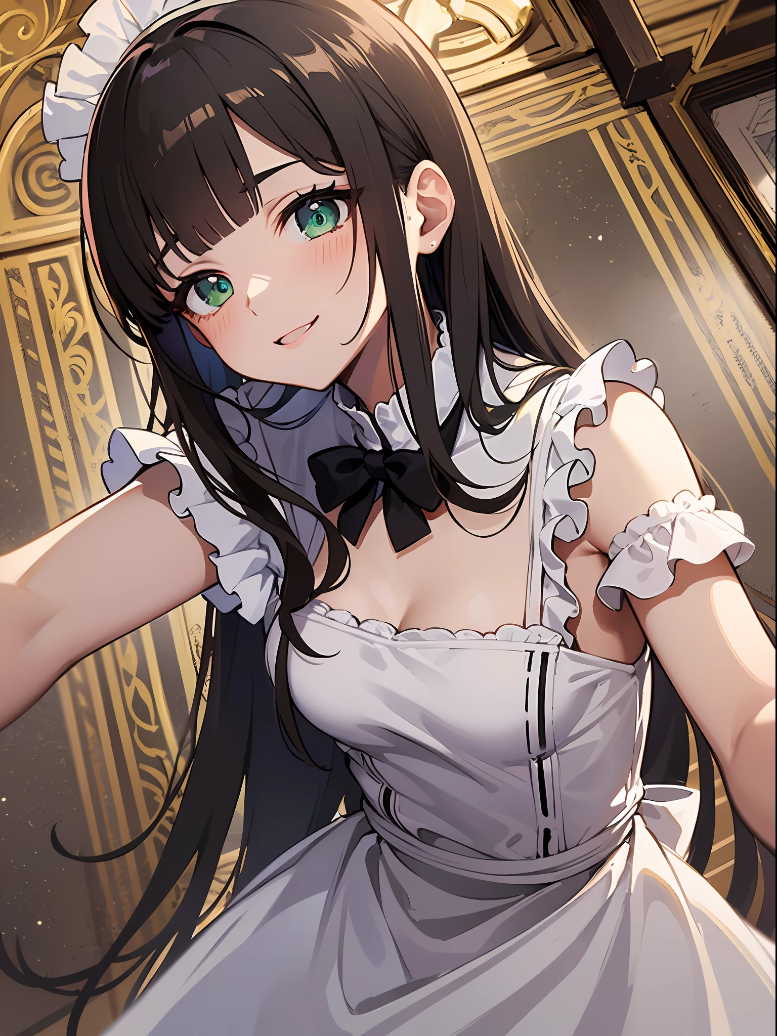 (masterpiece:1.3), (best quality:1.3), high resolution, 


upper body, 
leaning forward, body facing forward, 

(one cute girl:1.3), solo, 
white skin, small Breast, eight-headed person, 
light brown hair, long hair, straight hair, (blunt bangs:1.2), beautiful hair, green eyes, drooping eyes, beautiful detailed eyes, 

cheerful smile, 

maid, 

restaurant, inside the castle, luxury rooms, 

shadowlighting,