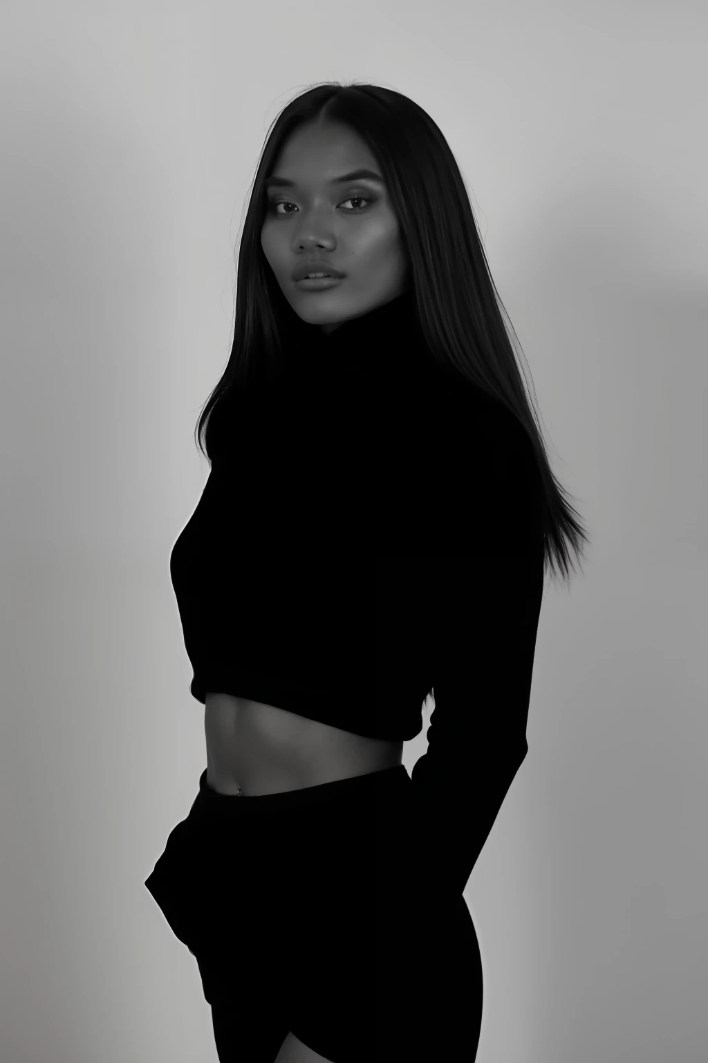 Photo brute, Masterpiece, Best quality, High quality, 85 mm, f/5.8, insanely detailed and intricate, 1fille, black tint, yeux bruns, cheveux noirs, (very detailed skin:1.2), turtleneck, white background,  perfect body with curves silhouette, seulement, 8K UHD, DSLR, softlighting, grain du film, fujifilm XT3