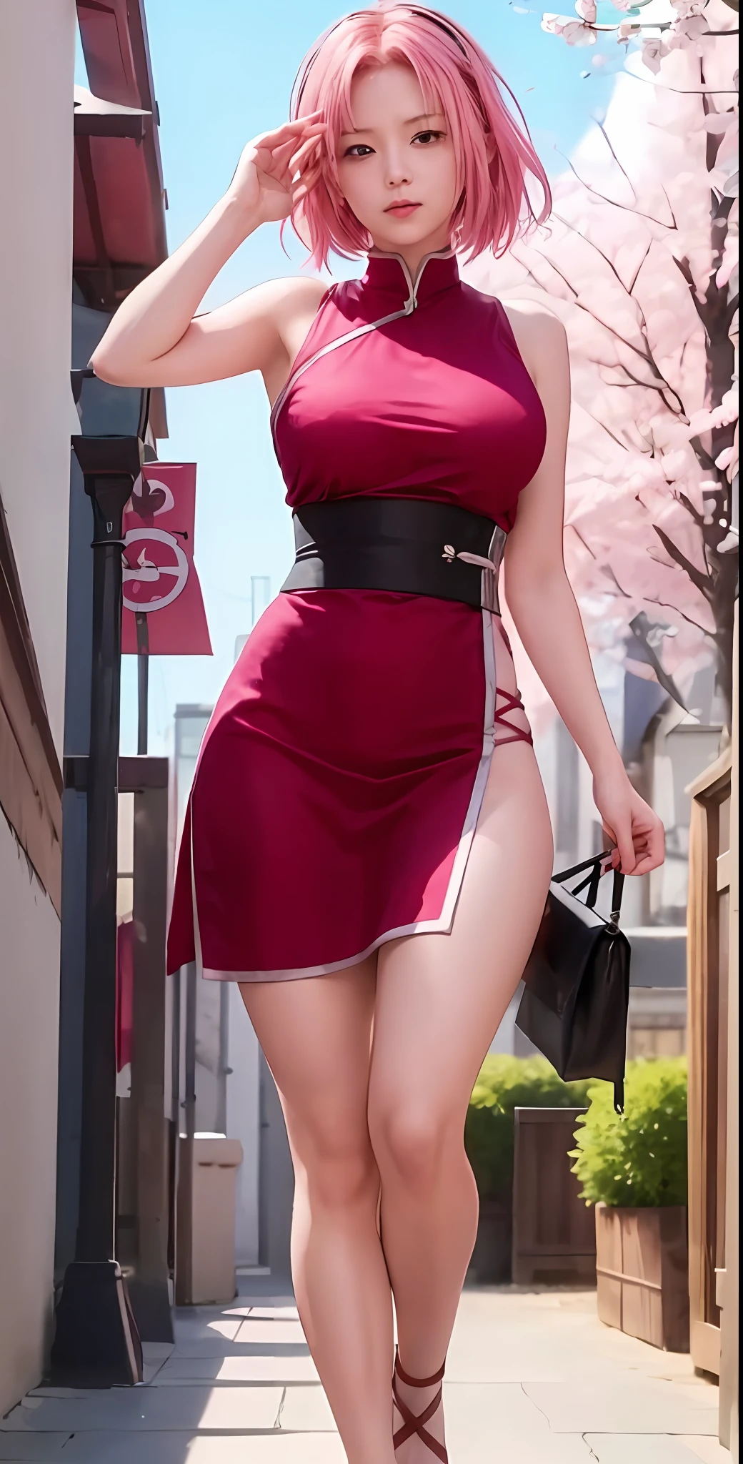 (64k, RAW photo, best quality, masterpiecel1.4), (realistic, photo-realistic:1.37), photo of a Japanese girl, Pink short hair, sakura haruno from naruto serial,
