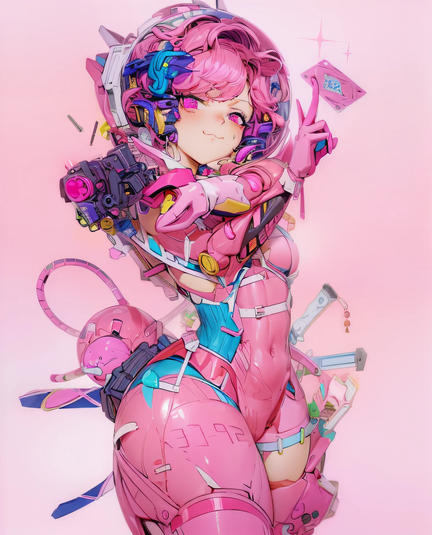 anime girl with pink hair and a pink outfit holding a gun, cyber space cowboy, anime robotic mixed with organic, rococo cyberpunk, alice in wonderland cyberpunk, portrait anime space cadet girl, inspired by Victor Mosquera, anime mecha aesthetic, highly detailed exquisite fanart, decora inspired illustrations, anime cyberpunk art, mecha asthetic, fully robotic!! catgirl