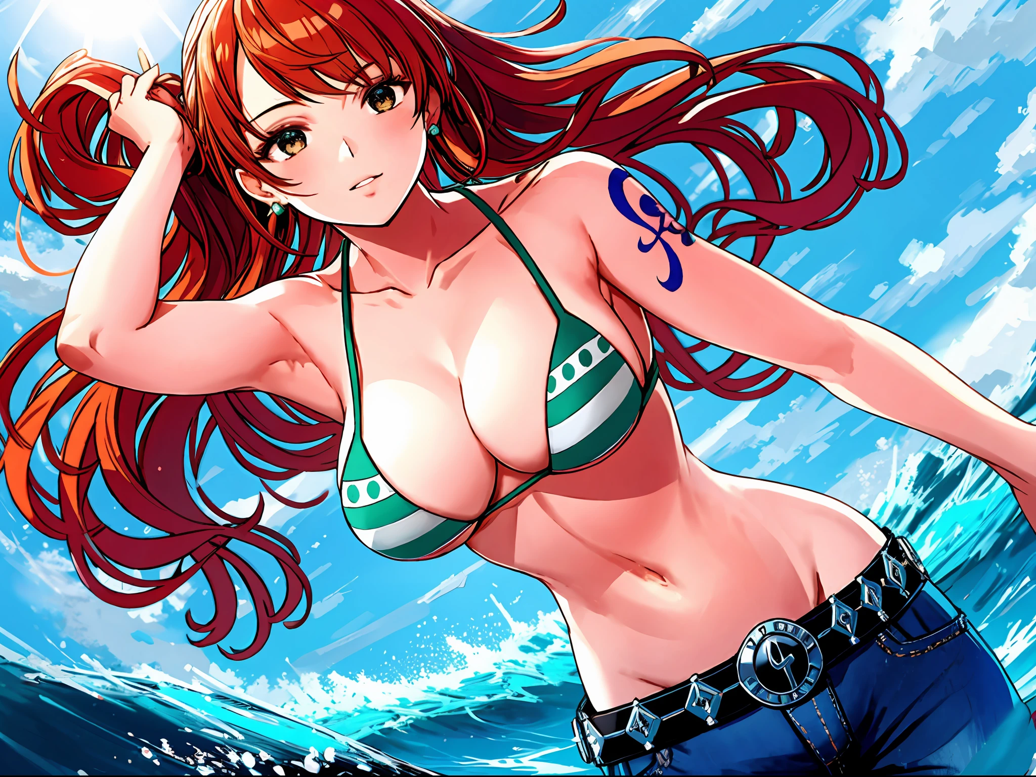 detailed background, masterpiece, best quality, late youth, adult, (hand spread sideway), 1girl, active, energic, (largemouth) , solo, nami \(one piece\), 1girl, bangle, (leaning forward, tilting, hands up, bruises on body, (high extremly thick Voluminous ponytail, long hair, wavy ponytail, shaved armpit)), perfect detailed face, bold drawing lines, muscular arms, detailed bold arm lines, flat jaw, adult woman, (thick defined bangs, very long left side bangs, lock of hair upward), floating bang streaks, (big cheeks), bare shoulders, off-shoulders, belt, bikini, bikini top only, blue sky, bracelet, springy breasts, breast lines, big round eyes, plain big brown shiny eyes, bubbles, high eye position, cleavage, cloud, day, denim, earrings, floating hair, shiny hair, green belt, green bikini, bold groin lines, jeans, jewelry, medium breasts, log pose, long hair, looking at viewer, navel, wet hair, orange hair, pants, shoulder tattoo, sidelocks, sky, solo, standing, stomach, swimsuit, tattoo , looking at viewer, open mouth, detailed left arm, big forehead, hourglass figure, small head, toned body, wide hair, wind effect, sun effect, under the sun, narrow small ears angle, older, random poses,