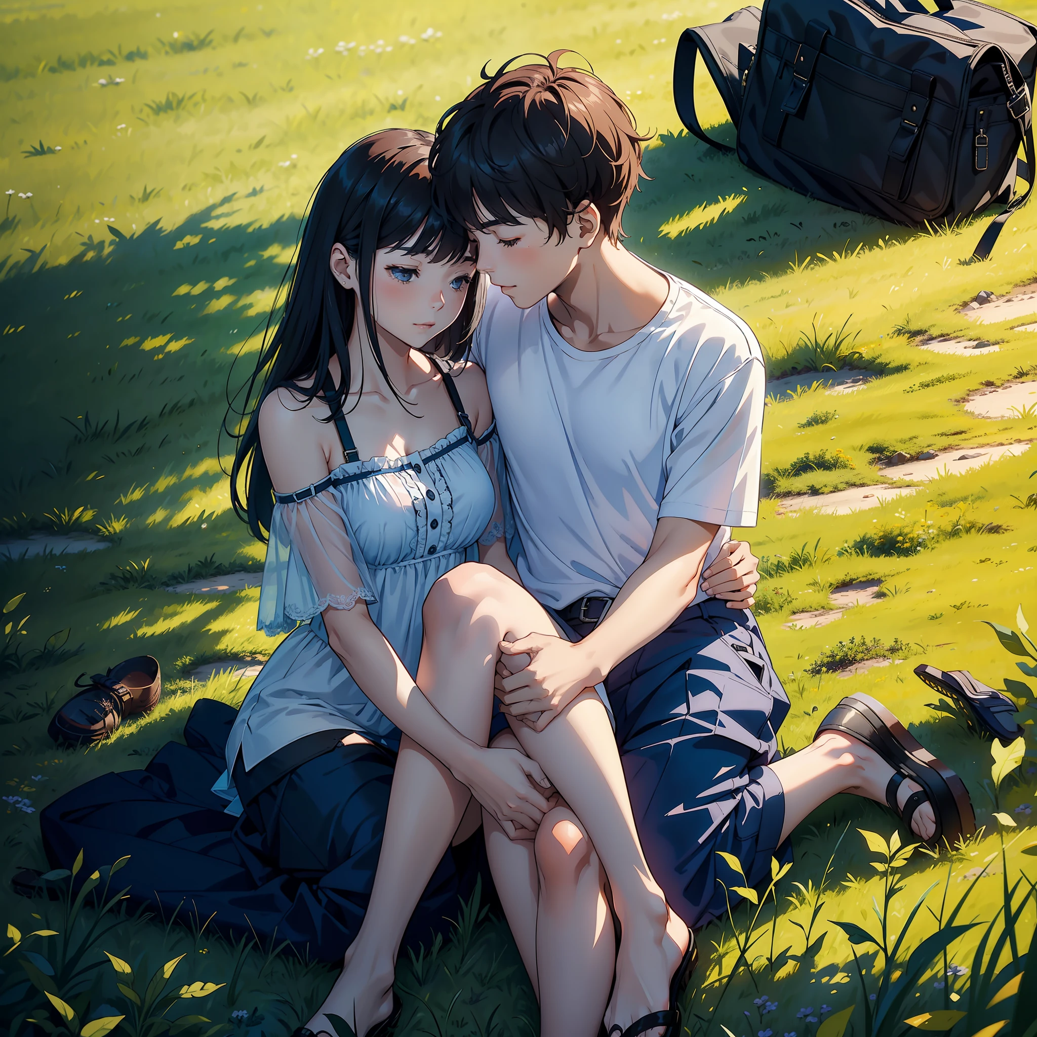 "(A couple embracing:1.2) on (a mobile platform:1.1), (in the open air:1.1), (under the sun), (on the grass:1.1)."