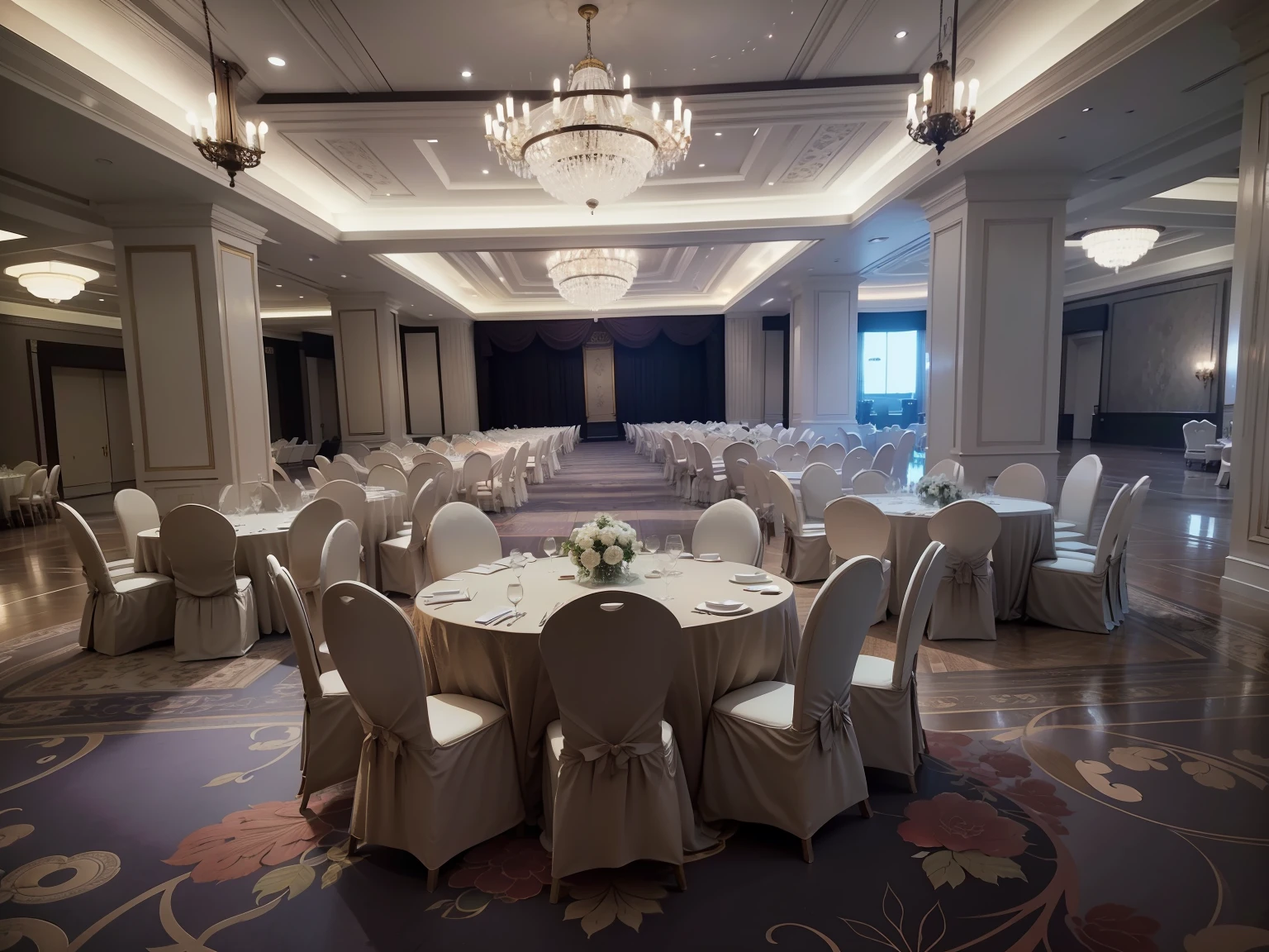 The table and chairs are set in a large room with chandeliers, ballroom background, ball room, big hall, inside a grand, enchanted surroundings, luxurious environment, interior setting, big hall, Grand, VIP Lounges, upscale restaurant, Gorgeous restaurant, changquan, in a large hall, full - view, full room view, Elegant atmosphere, shui mo hua,Tableware is set on the table