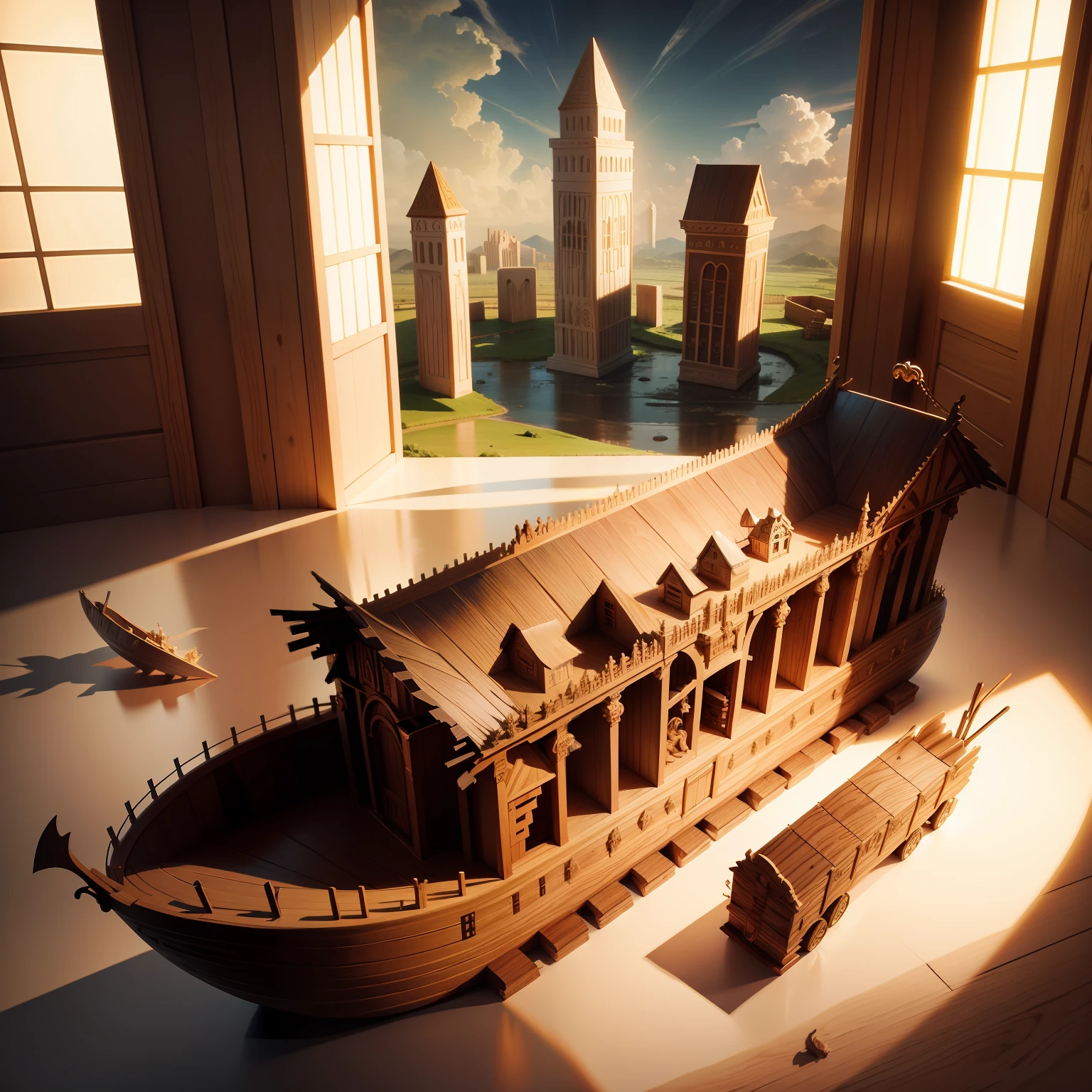Create Noah's Ark in its real and biblical aspects with its divisions within the Ark