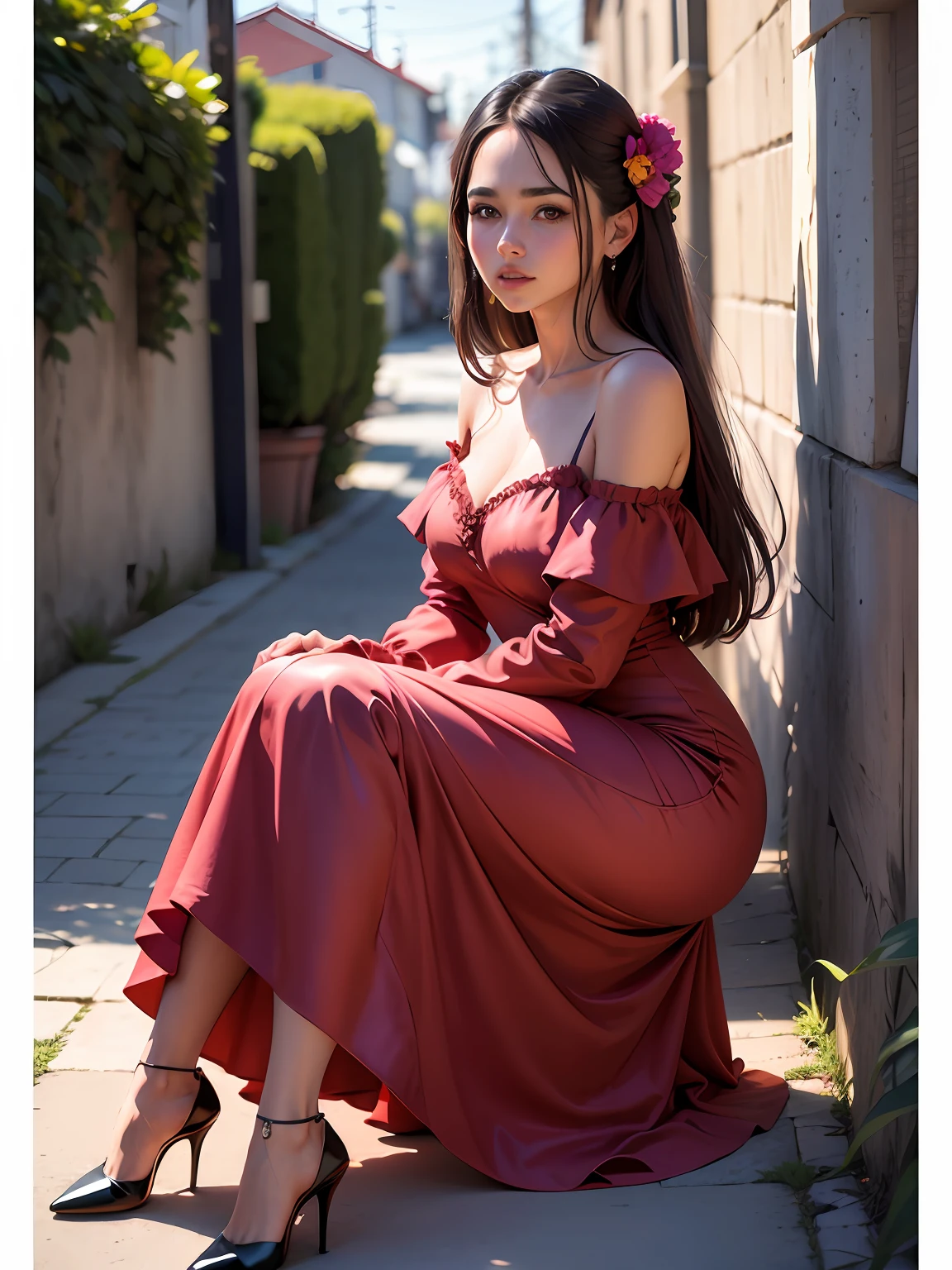 mulher, vestido inchado, (fotorrealista:1.4), (Qualidade de imagem superior:1.0), (超A high resolution:1.0), 8k, fotografia RAW, (obra prima:0.2), (Pureerosface_v1:0.5)、(melhor qualidade de detalhe:1.2)、realisitic、8k UHD、alta resolução、(1girl em:1.2)、O ultra-detalhado、texturas de alta qualidade、detalhes intrincados、detalhes、CG muito detalhado、sombras de alta qualidade、detalhe: rosto delicado bonito、detalhe: belos olhos delicados、profundidade de campos, vestido organza, , Bow in the hair, high heels, vestido longo, long dress, cetim, silk, satin