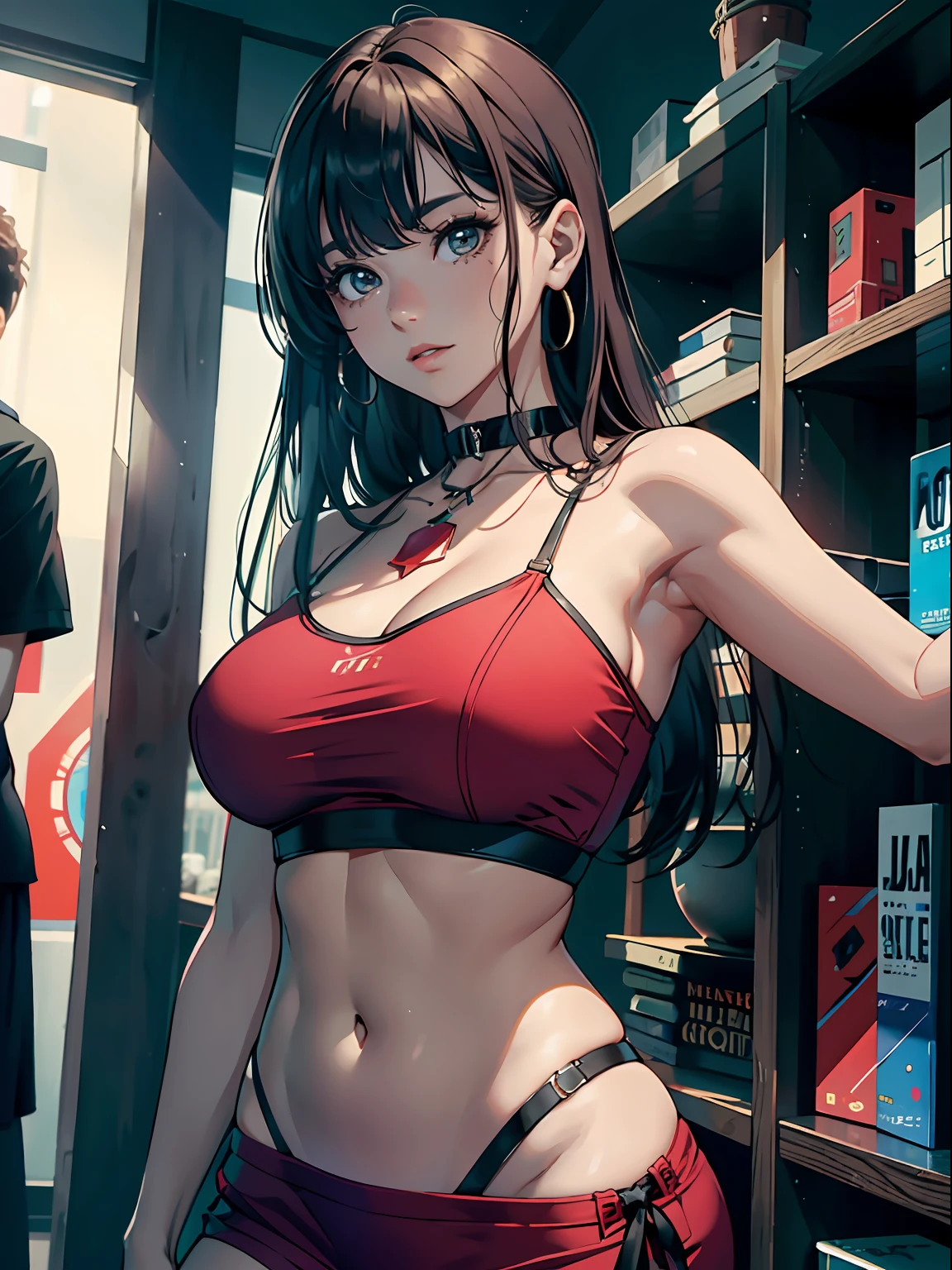(Ultra-realistic rendering, melhor qualidade), ((Top Quality, 16k, Masterpiece: 1.3)), (Beauty, 1 Girl), hot shot, excitado, absurdo, anatomia perfeita, (rosto alegre), colar, gargantilha, vestido curto com decote, (Seios grandes: 1.3), defined abdomen, jaleco com bordados, standingn, fundo de livraria, pose sexy, batom vermelho