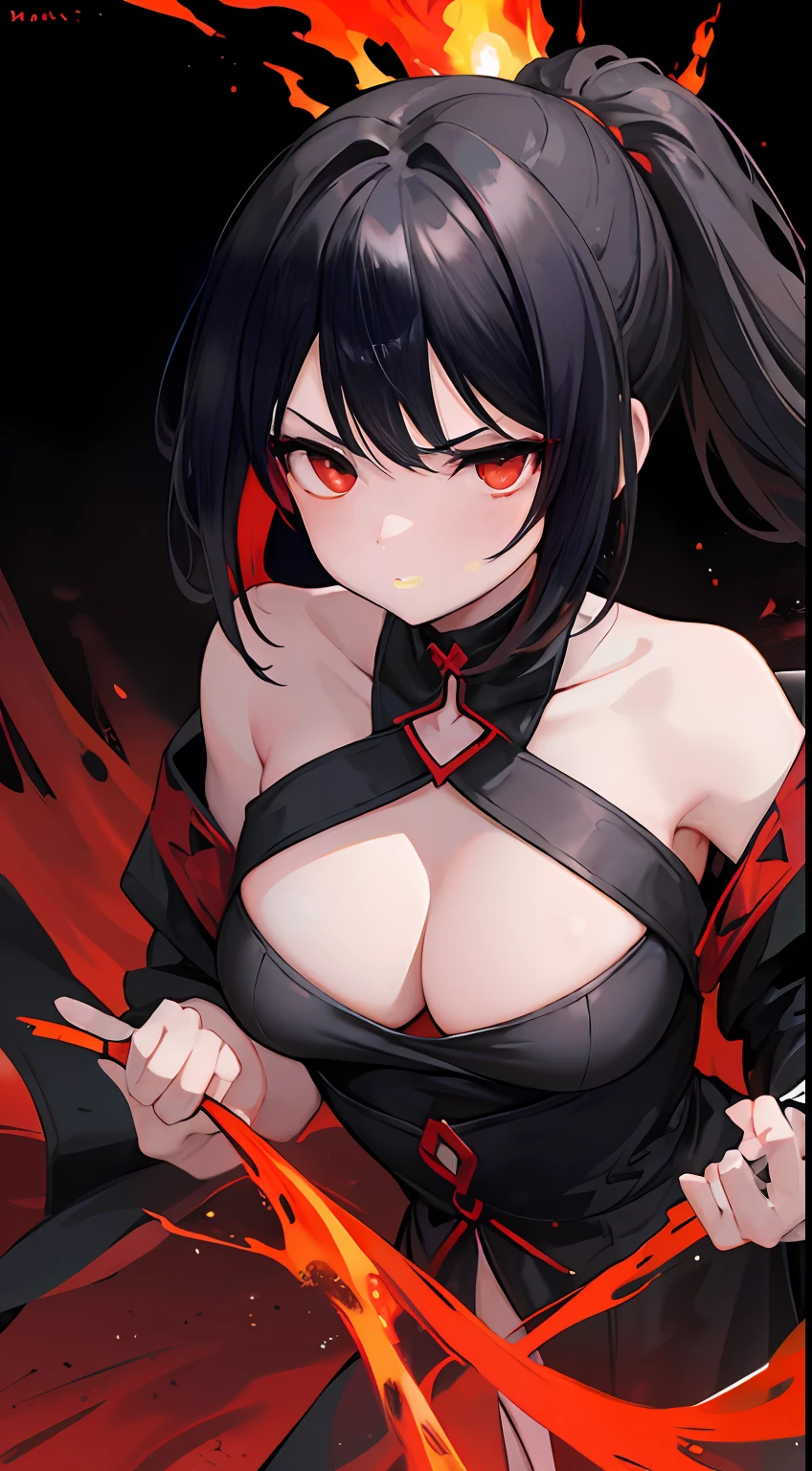 1girl, black ponytail hair, fiery red eyes, wears black dress medium boobs, she look mad, make it like tarot anime-style but no frame, master piece, art, obscure design, lewd, cleavage