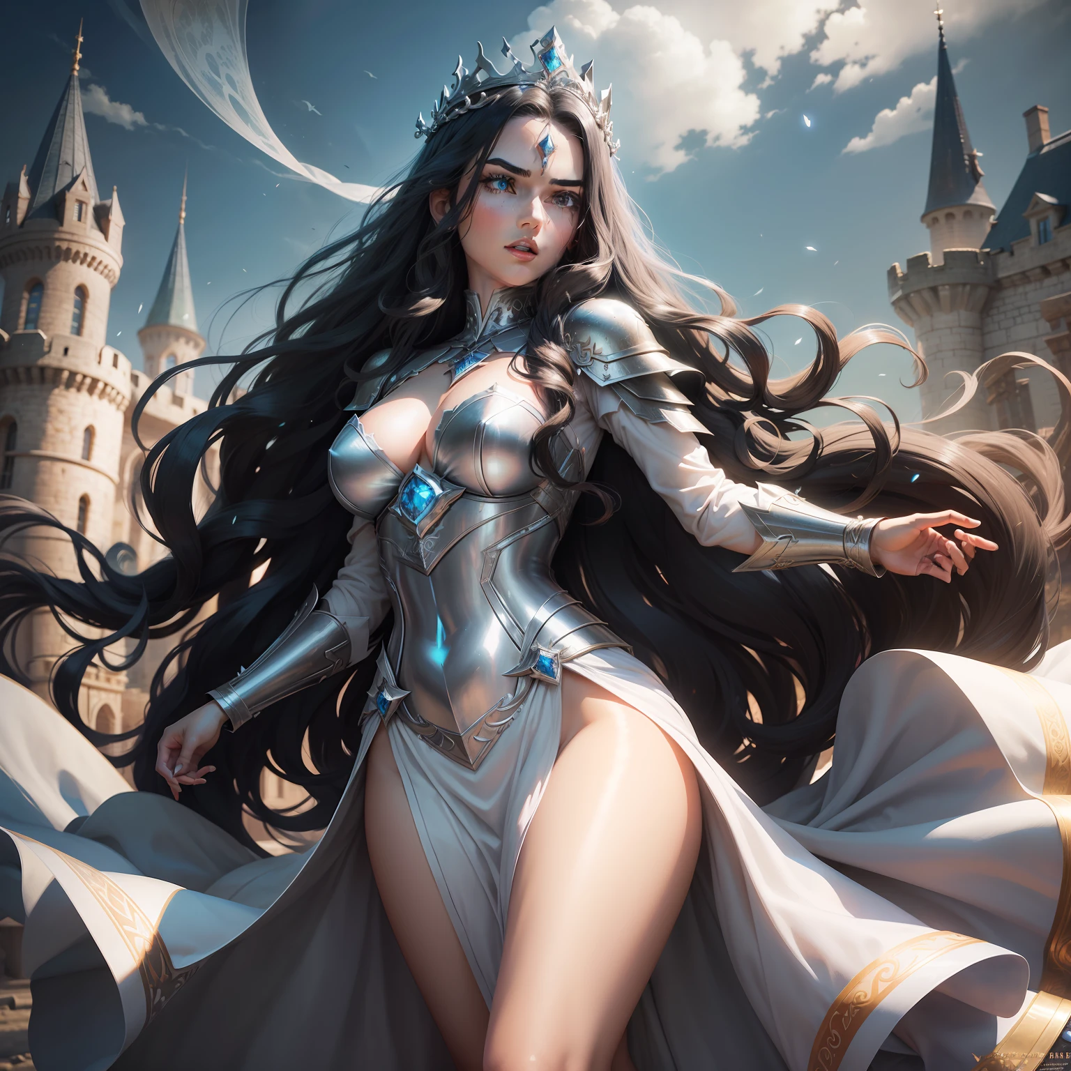 Powerful woman, fairy, full body, universe in hands, black hair, long wavy hair, flying hair, blue eyes, silver armor, silver tiara crown on head, serious look, shining eyes, slightly open mouth, red lips, castle background, White skin