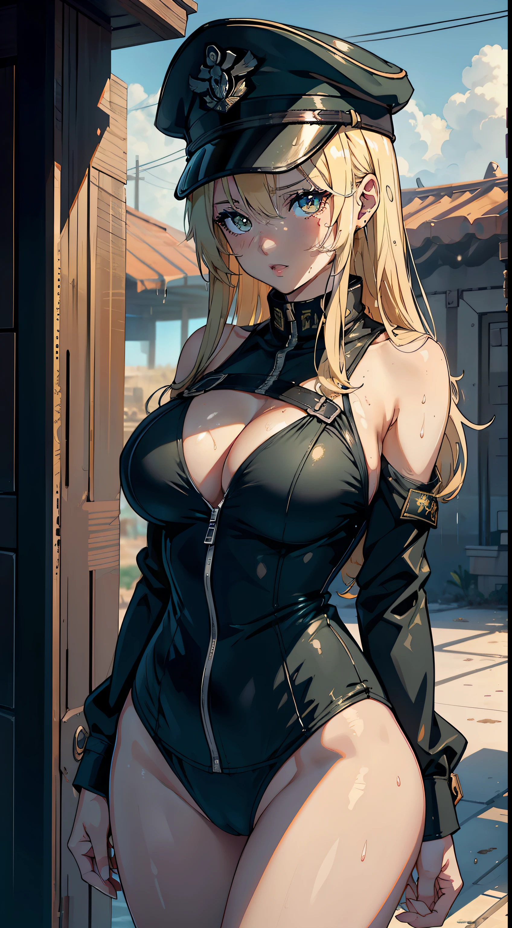1girll,Huge breasts, She's wet, Erotic green soldier uniform,Wearing a military cap,Carry weapons,Desert military base,marine,Tong,比基尼,Take aphrodisiacs,Lewd expression, exteriors, Skysky,the night, blond hairbl,, exposed bare shoulders, standing on your feet,Hands over chest,fully body photo,Bigchest, wetclothes, From the front side, hair straight, mostly cloudy sky, Wet hair (((tmasterpiece),(Very detailed CG unity 8K wallpaper),best qualtiy,Open-mouthed,drools,1girll,cinmatic lighting,detailed back ground,beatiful detailed eyes,Bright pupils,(Very fine and beautiful),(Beautiful and detailed eye description),ultra - detailed,tmasterpiece,)),facing at camera,Leakage out of the breast,Expose the genitals,nakeness,leering,Protruding ,Camel toes,cleavage,legs are open,Climactic expression,