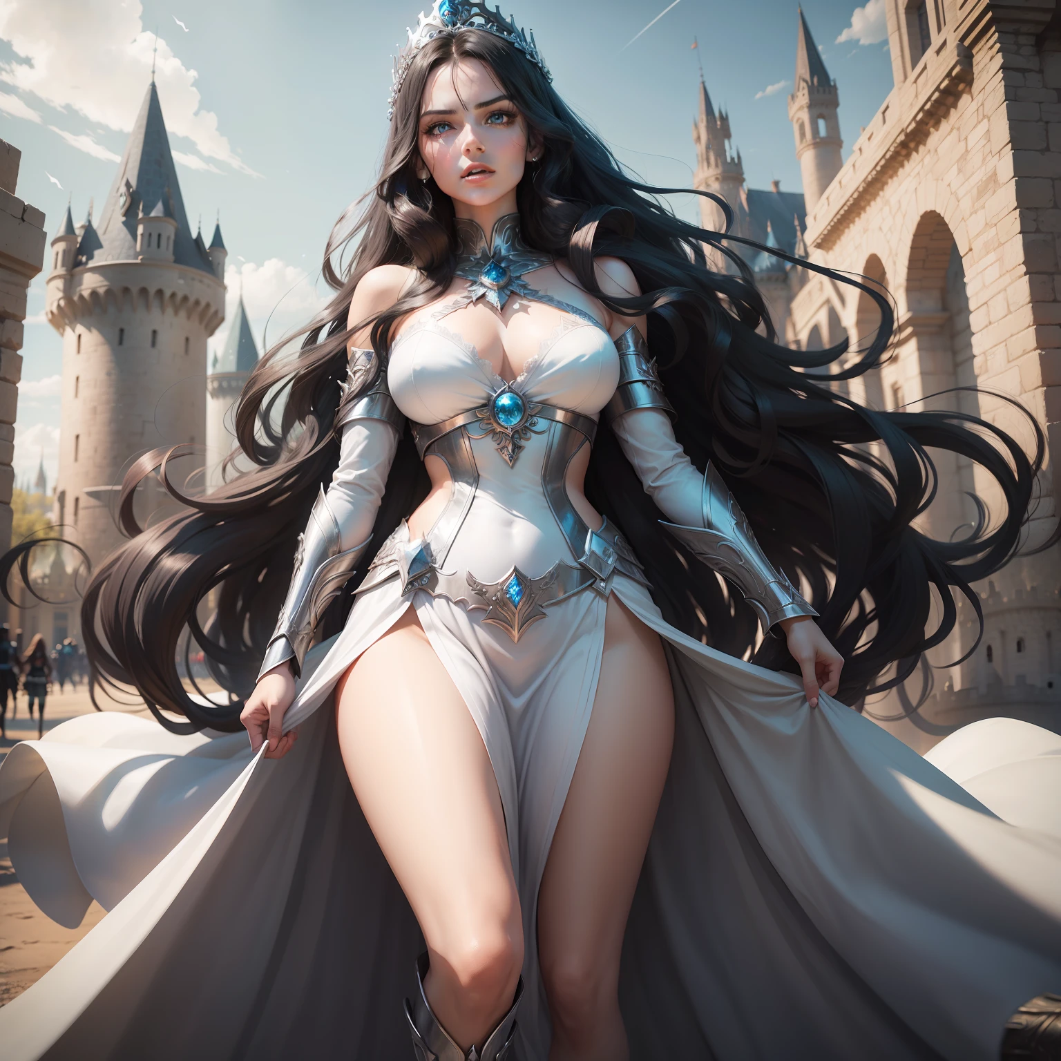 Powerful woman, fairy, full body, universe in hands, black hair, long wavy hair, flying hair, blue eyes, silver armor, silver tiara crown on head, serious look, shining eyes, slightly open mouth, red lips, castle background, White skin