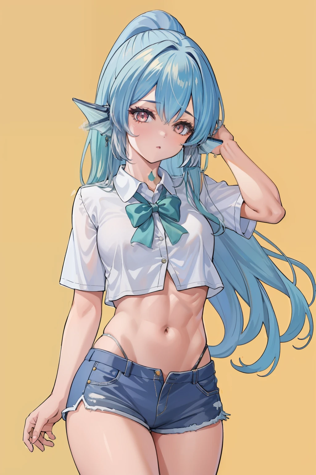 (masterpiece, best quality),  intricate details, 
1girl,  finana, (head fins:1.2), ponytail, green hair, long hair, looking at viewer,  cowboy shot hair ornament, medium breasts, bangs,
 femboy hooters, short shorts, croptop, white shirt, orange shorts, bulge, abs,