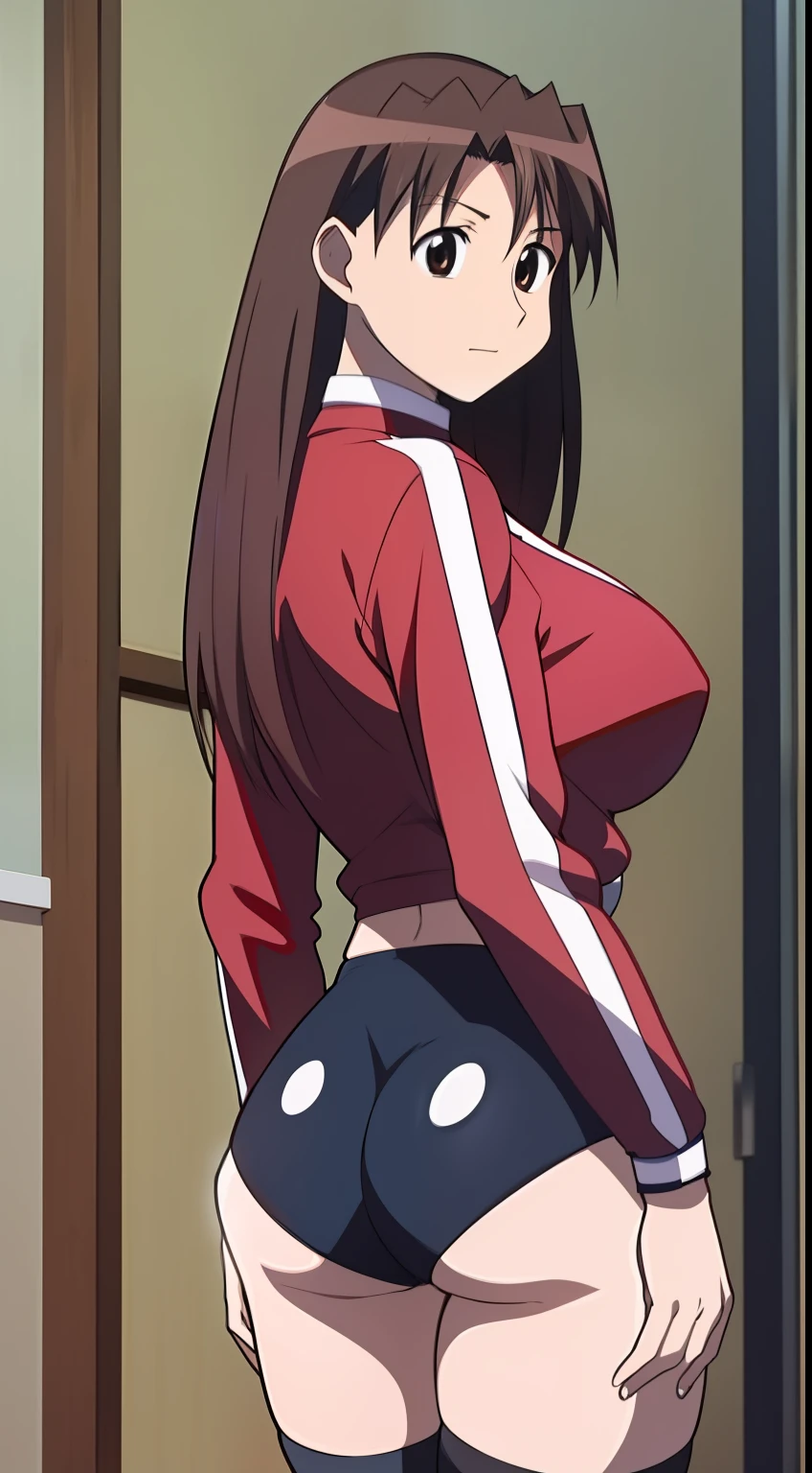 Koyomi mizuhara, brown hair, long hair,large breasts, Long sleeved shirt, biker shorts, Tight high cut red underwear, back of view, Wallpaper, ass check view, chikan, ass grab Stealth, raped