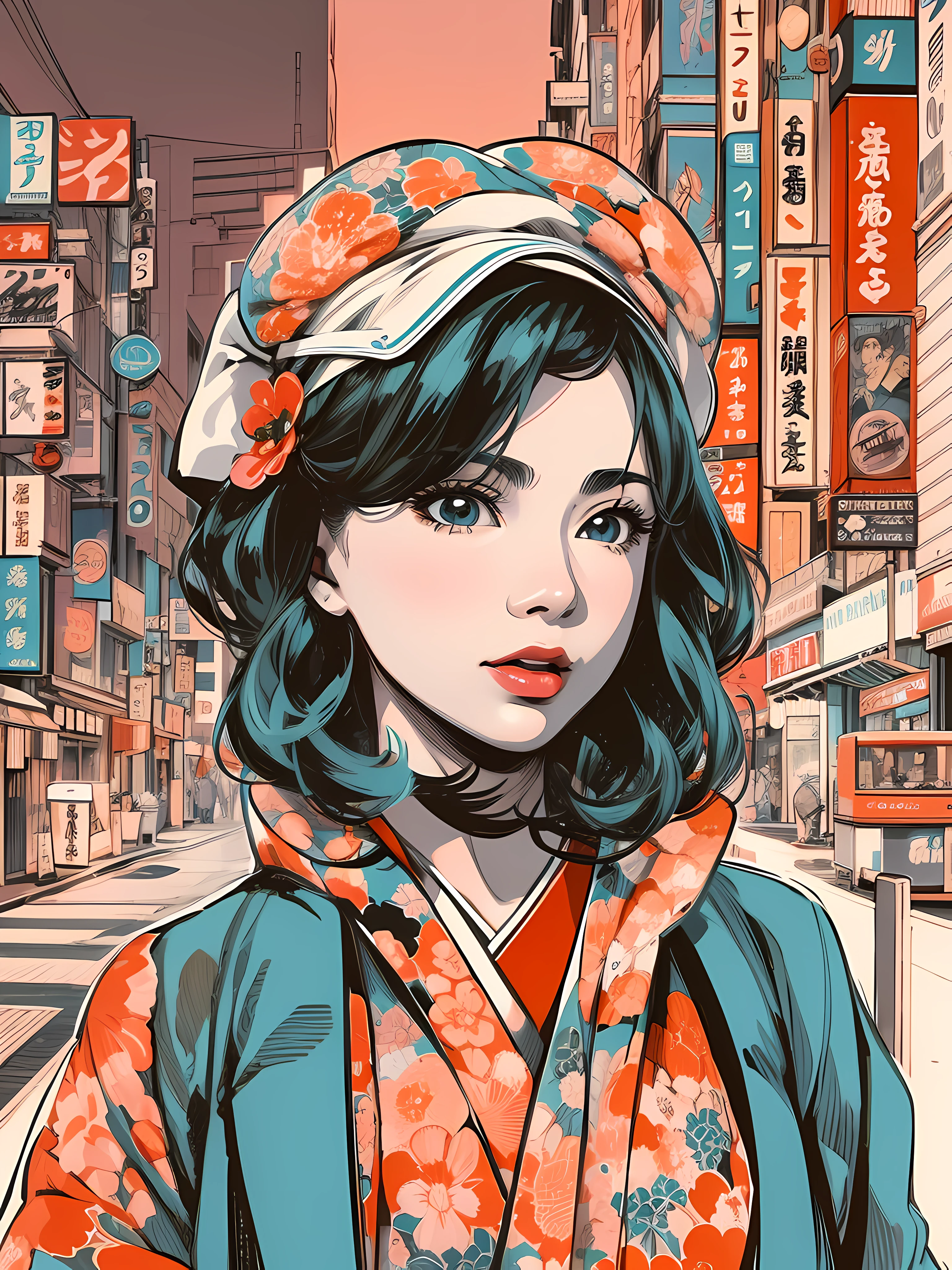 Por favor, Create a high-quality anime-style illustration, portraying a woman in Japan City in the 60's. This master piece of pop art will be inspired by the color palette of newspapers and magazines from the 80s. The drawing must be done by hand, seguindo uma linha simples (line art), To highlight the details of the illustration. The end result will be high-resolution digital art, com alto detalhamento, transformando-se em uma verdadeira obra-prima (masterpiece) de retrato.