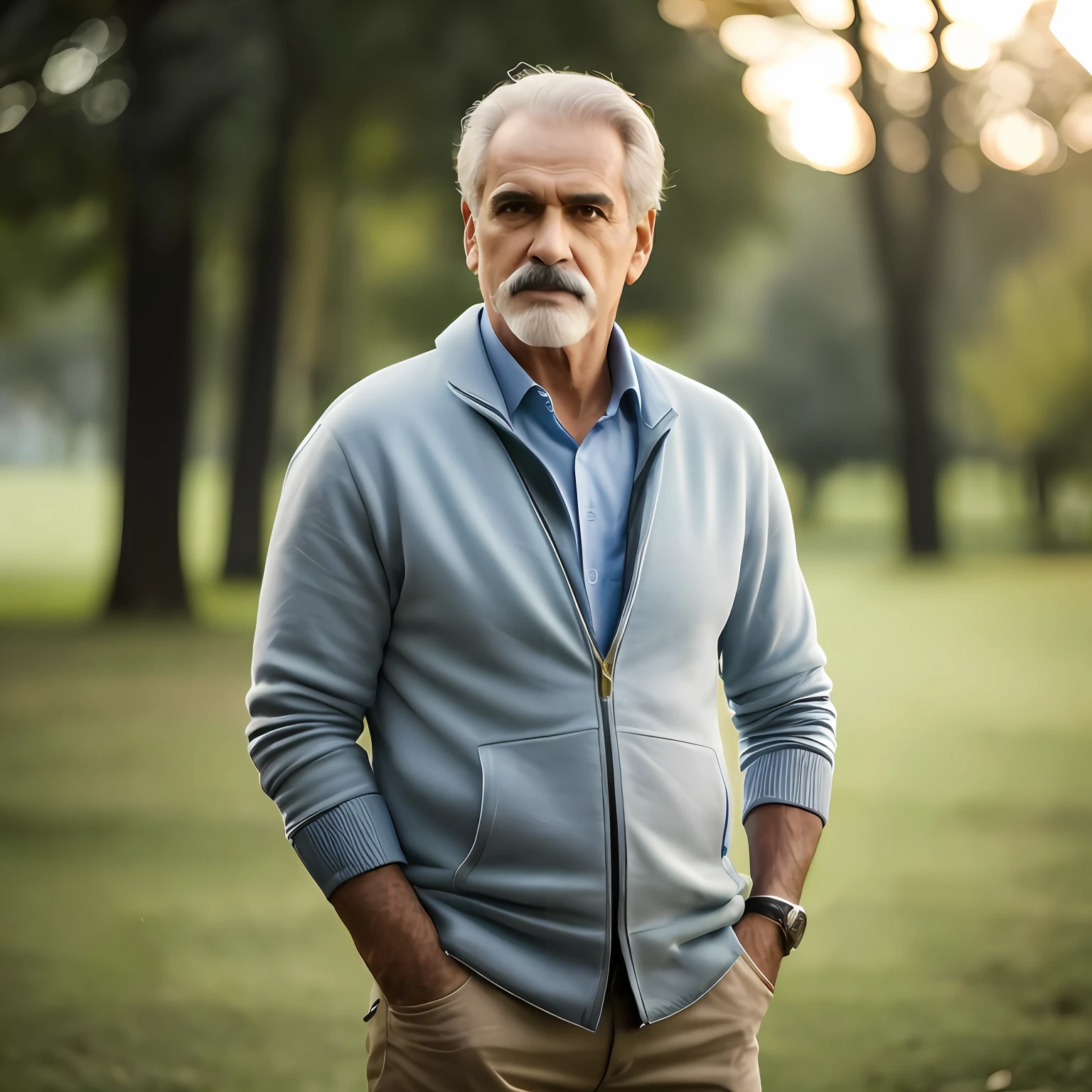 Arafed man in a blue jacket standing in a park, homem bonito, homem de cabelos grisalhos escuros, foto ainda, imagem retrato, Foto tirada com Provia, beautiful man, homem mais velho, advertising photo, ele tem cerca de 6 0 anos de idade, ele tem cerca de 60 anos, macho maduro, imagem de alta qualidade, Handsome, Retrato no meio da foto, homem de meia-idade