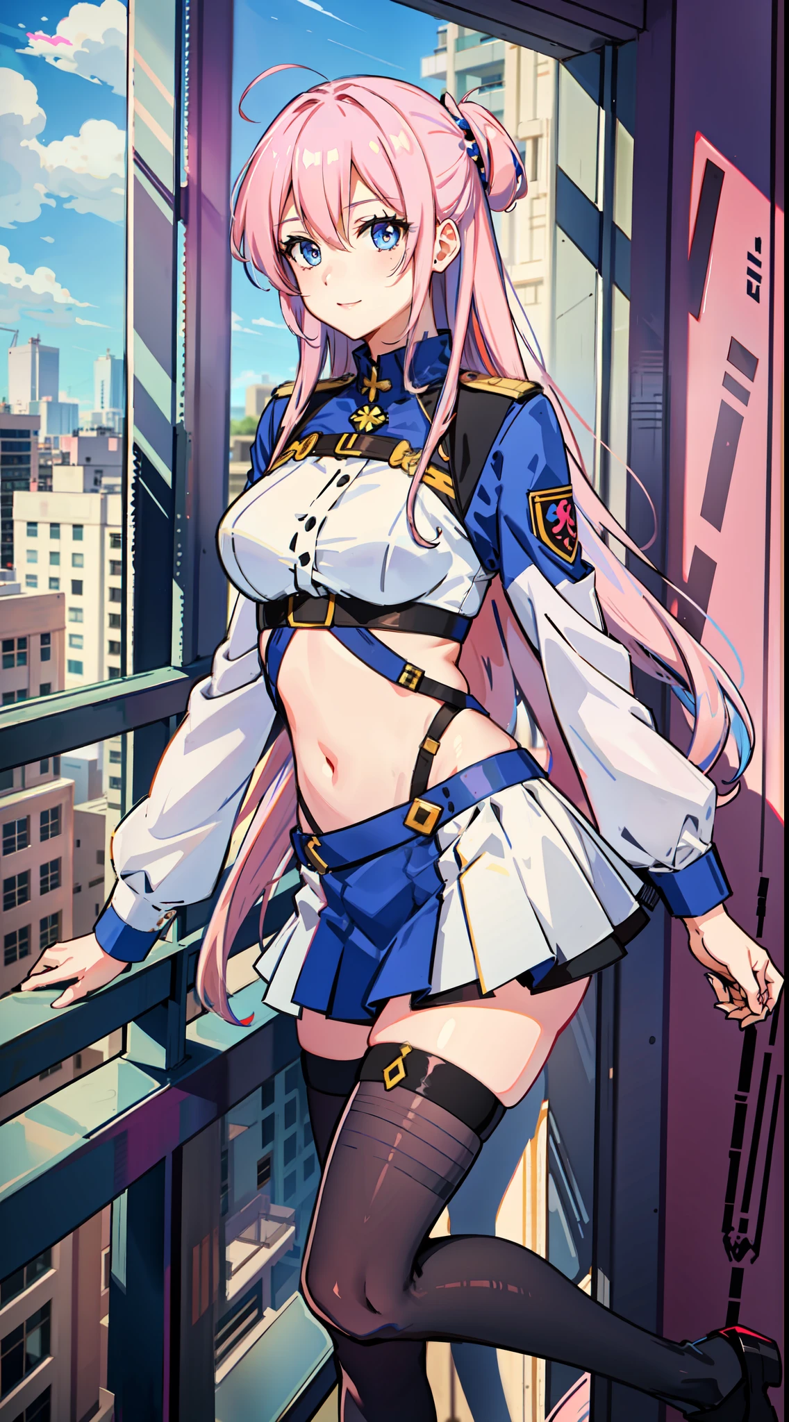 shikimori, slim legs, exposed navel, short skirt, beautiful eyes, blue eyes, happy, soldier uniform, pink hair, long hair, thigh high socks, balcony, full body,
