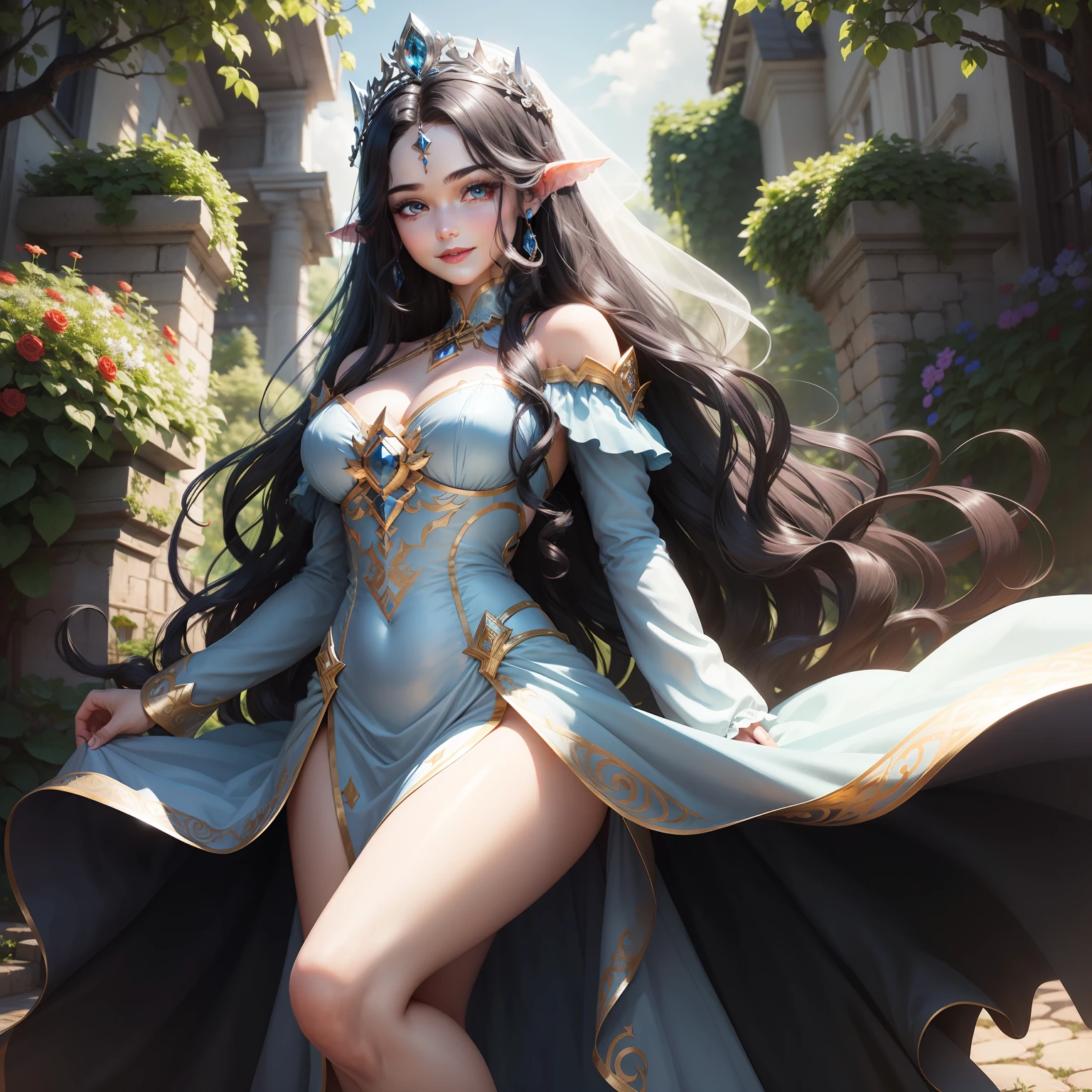 Powerful woman, fairy, full body, black hair, long wavy hair, blue eyes, res dress, silver tiara crown on head, shining eyes, smile, red lips, garden background, White skin