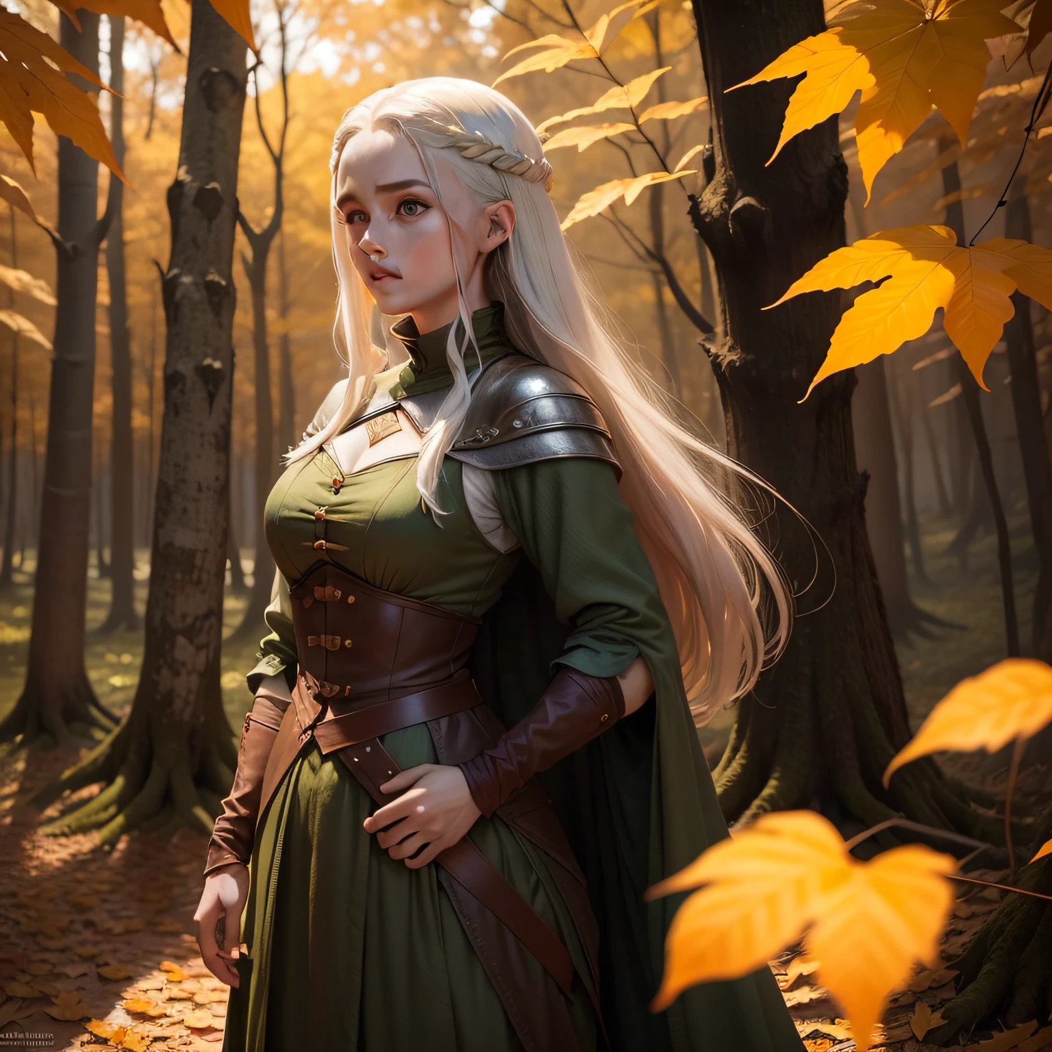 garota de 18anosCabelos longos e dourados, Bright green eyes and pale skin in a forest with orange autumn leaves in Game of Thrones