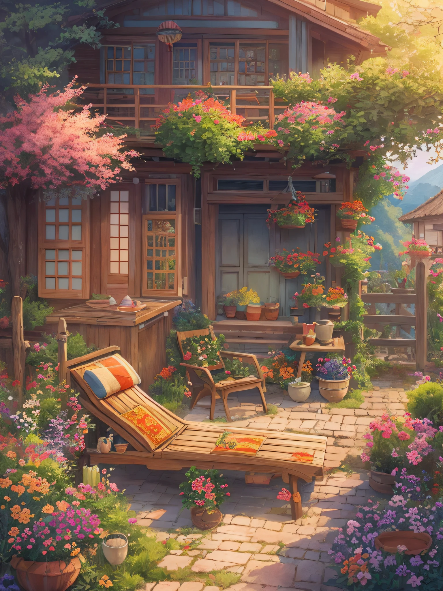 Chinese rural house style from the 80s,Wooden lounge chairs, Inspired by the digital paintings of Guido Borrell da Caluso, deviantart contest winner, naive art, soothing and cozy landscape, cottagecore, idyllic cottage, cottagecore!!, at summer afternoon, calm afternoon, cozy place, flowery cottage, tomas kinkade. Lovely comfortable room, peaceful scene,Works of masters,Anime background art,ghibli studio art,