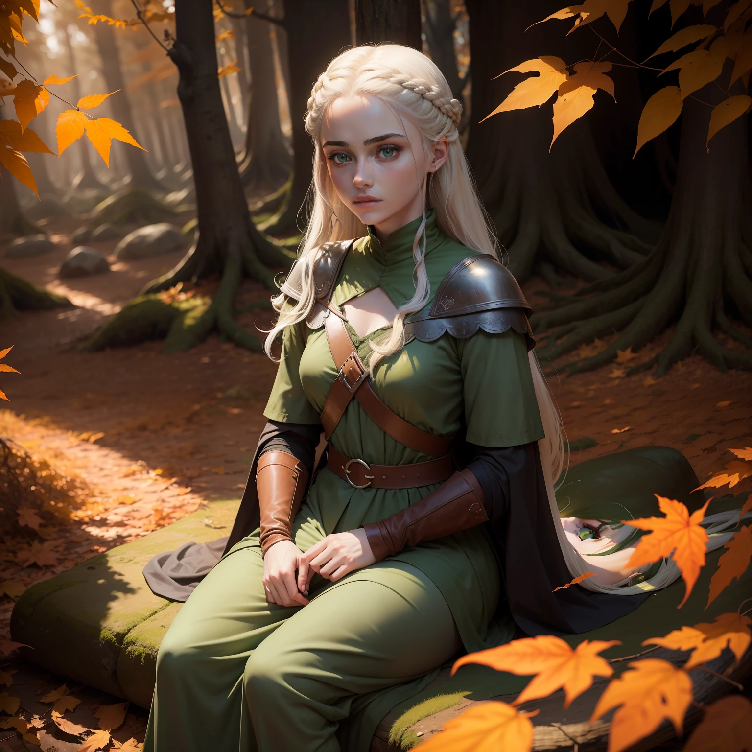 garota de 18anosCabelos longos e dourados, Bright green eyes and pale skin in a forest with orange autumn leaves in Game of Thrones