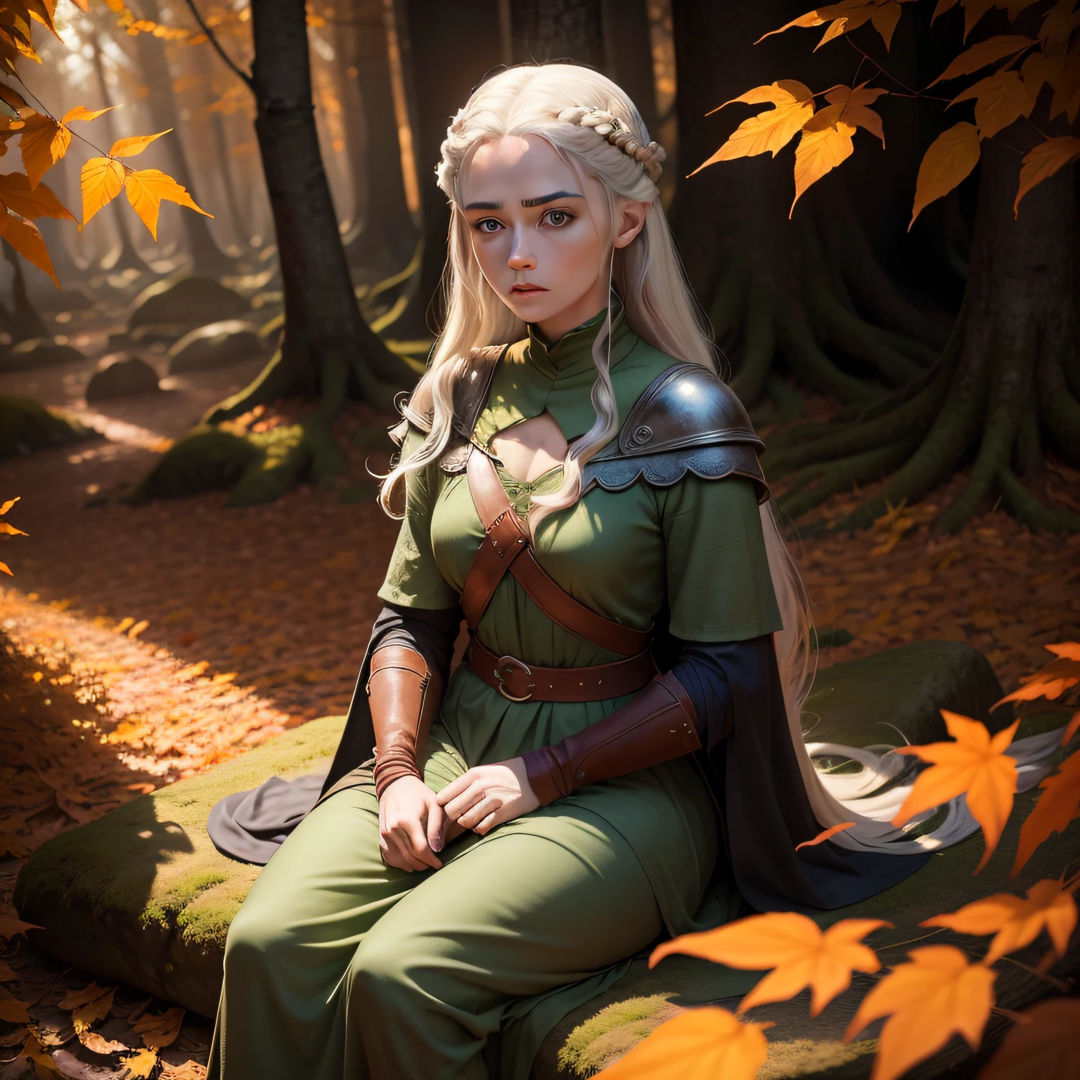 garota de 18anosCabelos longos e dourados, Bright green eyes and pale skin in a forest with orange autumn leaves in Game of Thrones