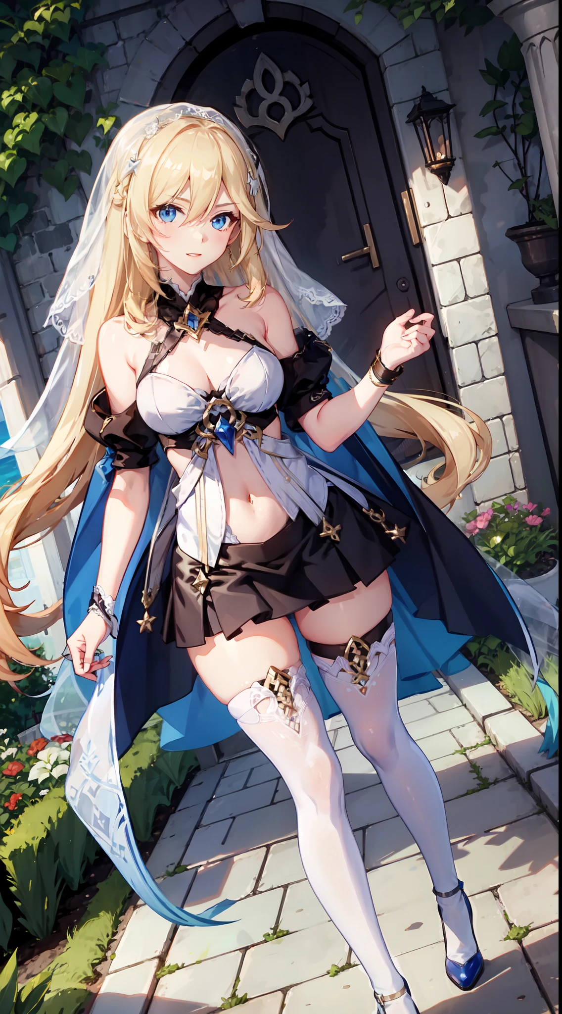slim legs, cleavage, short skirt, navel, blue eyes, thigh high socks, stand, blonde hair, long hair, short skirt, durandal, happy, bride, garden, , white gown