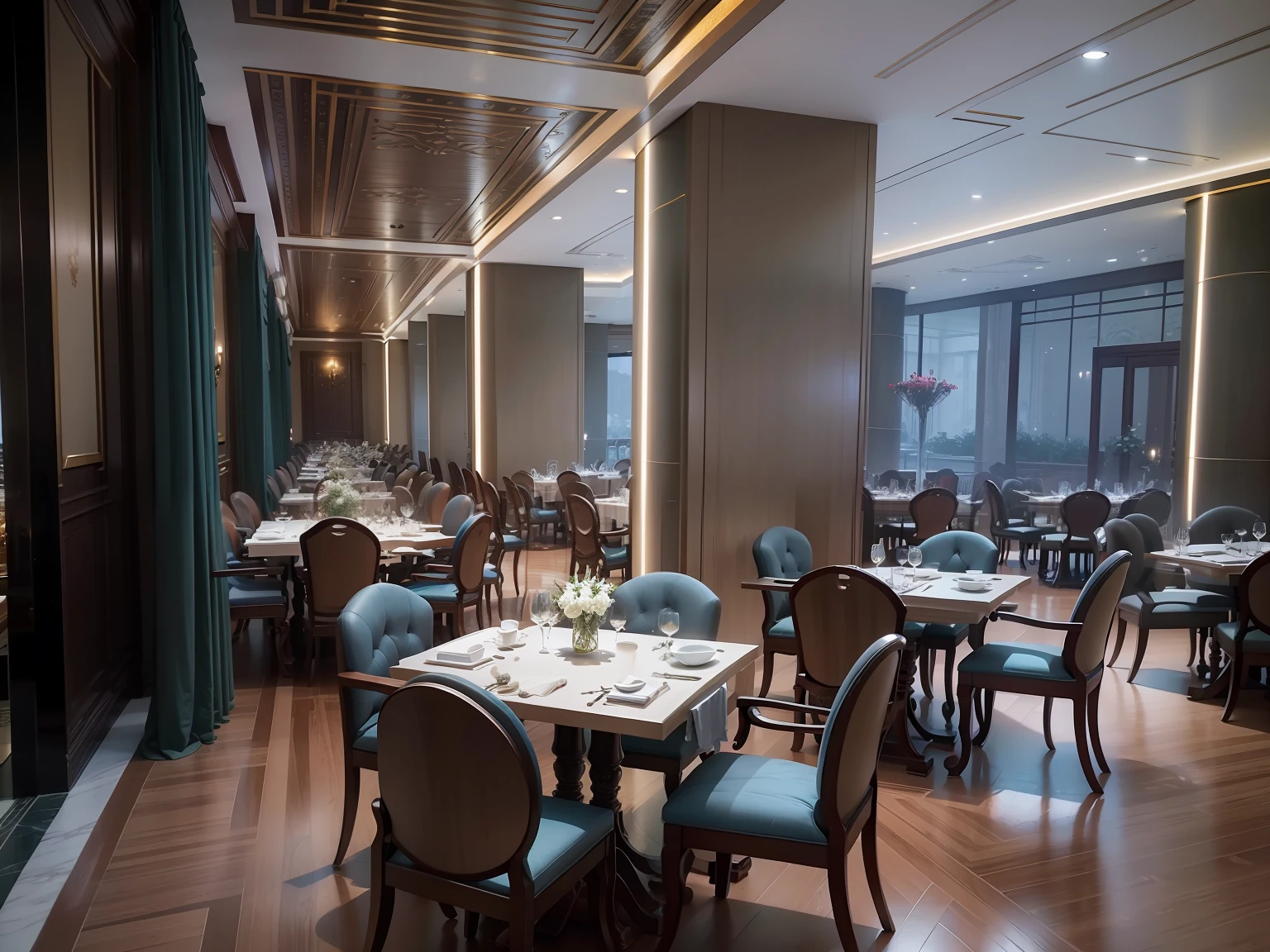 enchanted surroundings, luxurious environment, interior setting, big hall, Grand, VIP Lounges, upscale restaurant, Gorgeous restaurant, changquan, in a large hall, full - view, full room view, Elegant atmosphere, shui mo hua ,Western tableware and flowers are placed on the table