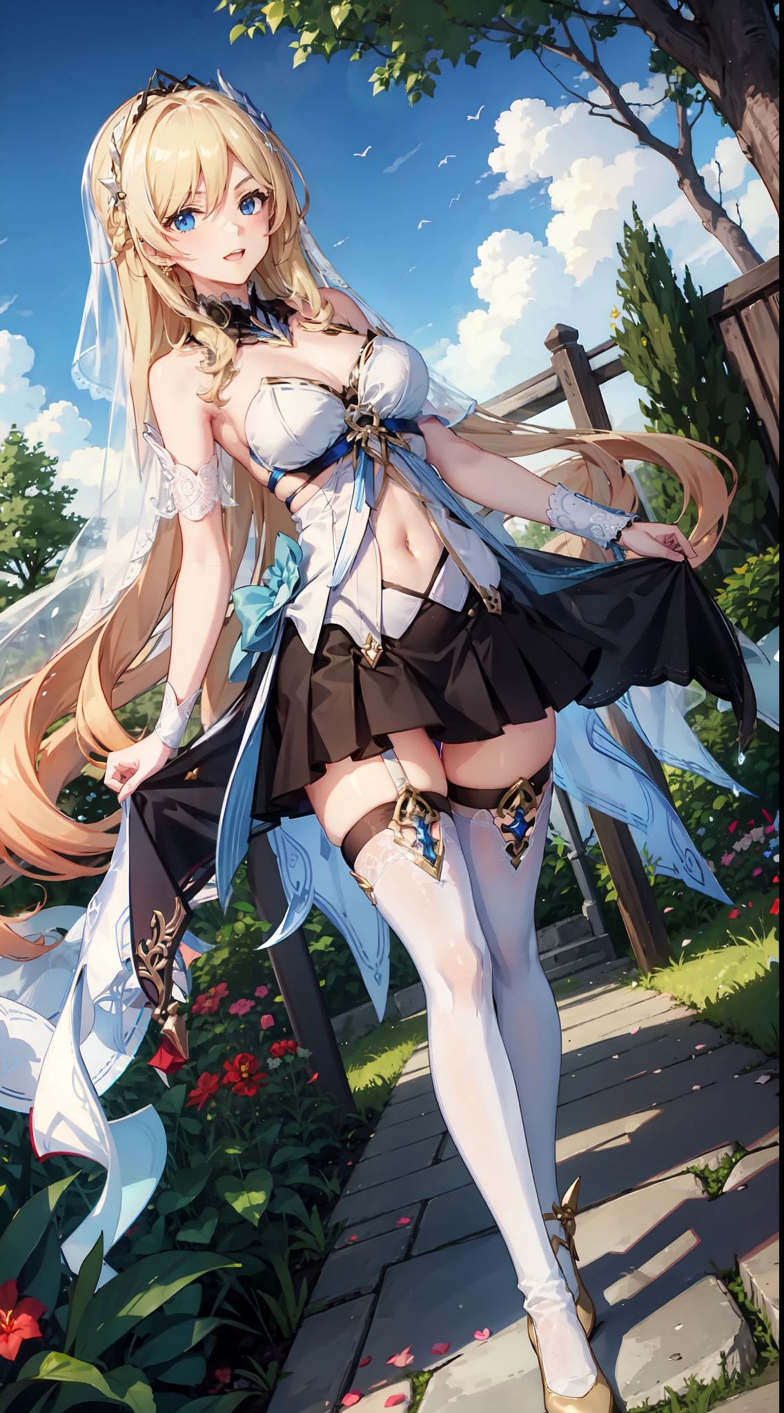 slim legs, cleavage, short skirt, navel, blue eyes, thigh high socks, stand, blonde hair, long hair, short skirt, durandal, happy, bride, garden, teen, white gown