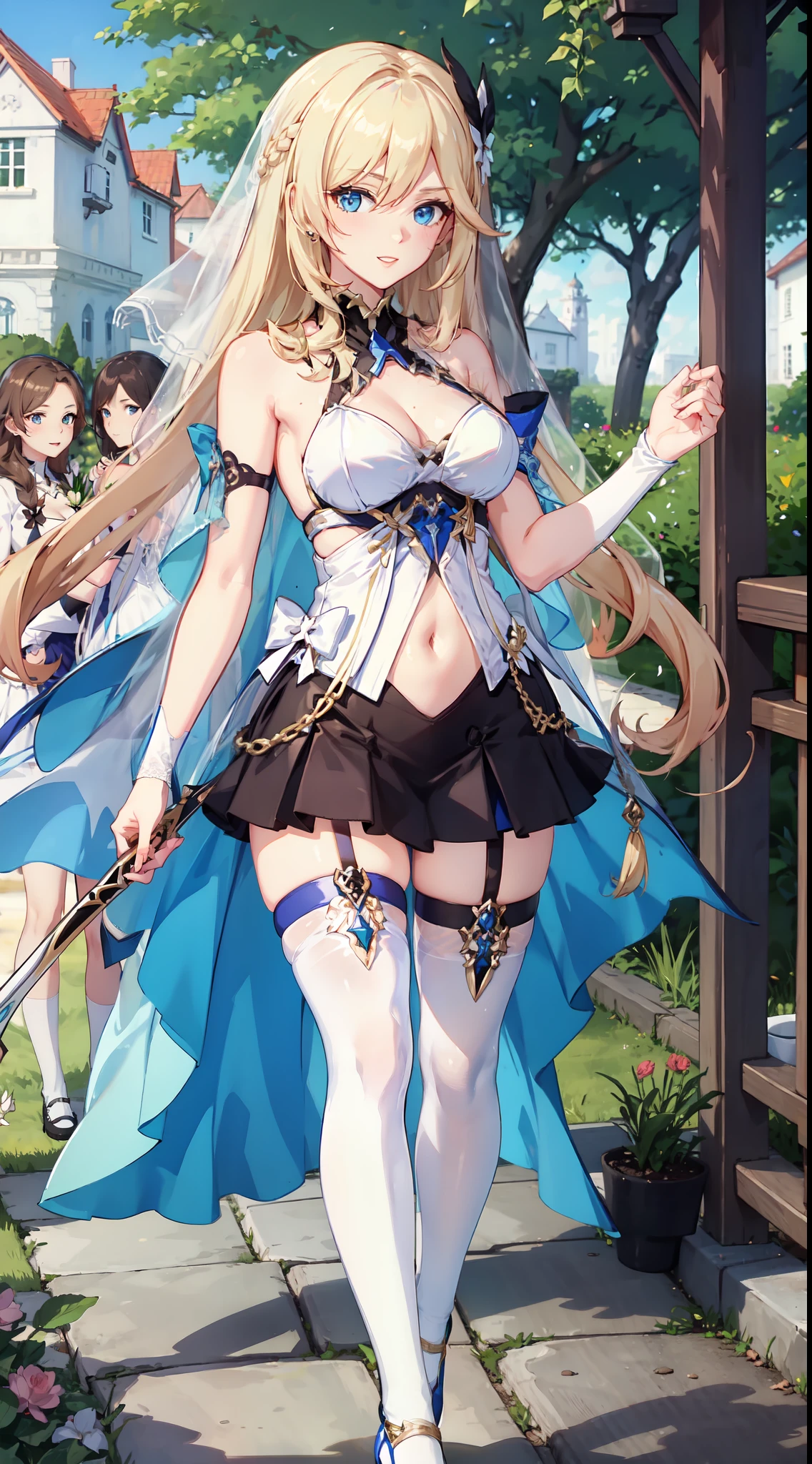 slim legs, cleavage, short skirt, navel, blue eyes, thigh high socks, stand, blonde hair, long hair, short skirt, durandal, happy, bride, garden, teen, white gown