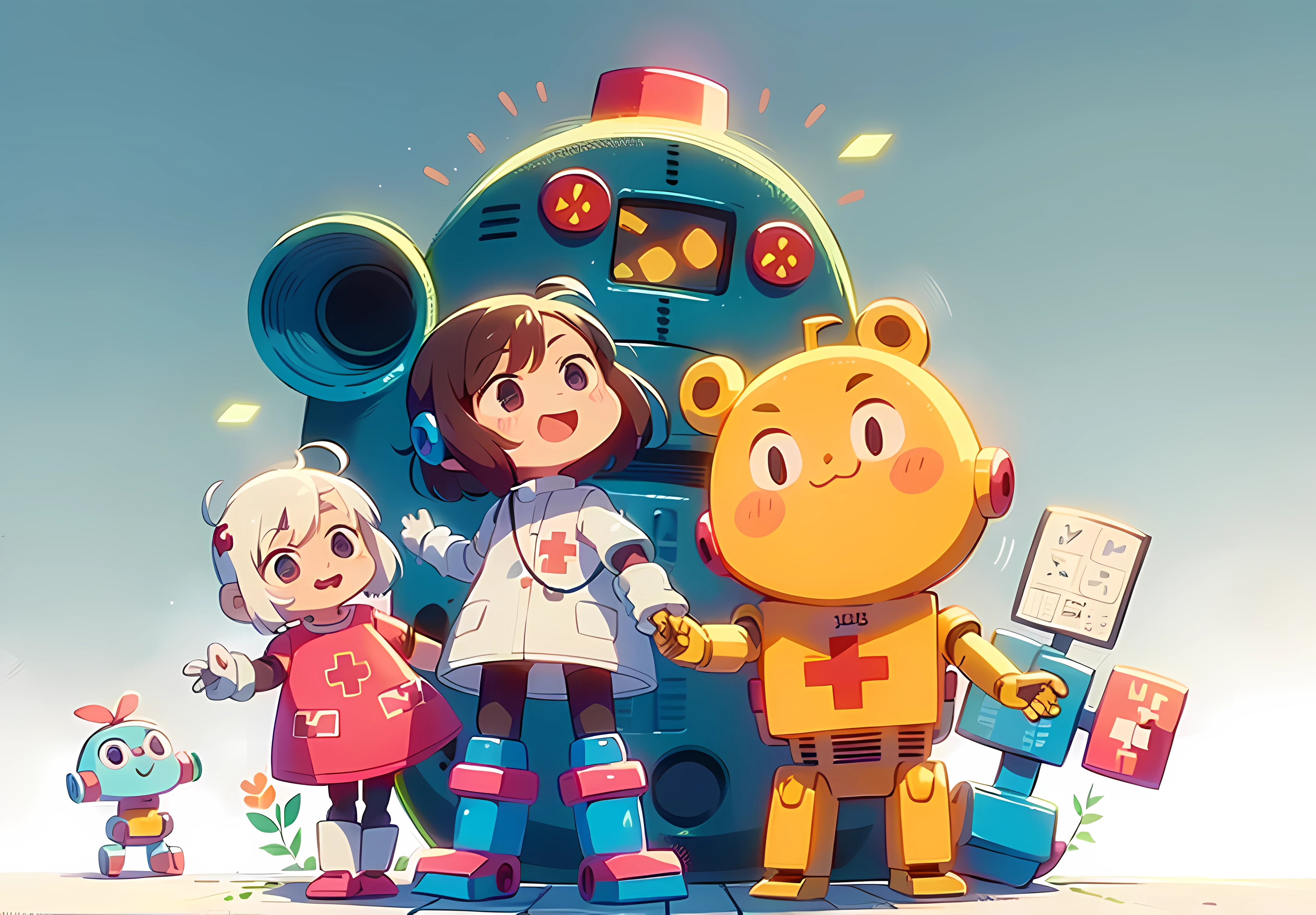 CMYK format,2d, cartoon style, happy style, (robot's appearance is very cute:1.3),(a robot), Wearing a doctor's white coat, Bring a stethoscope and a medical kit, There is a logo of the Red Cross, Medical kits, Thermometer, capsule, (Simple design:1.1), (simple composition:1.1), (white backgrounid:1.2), (best quality:1.2), high details