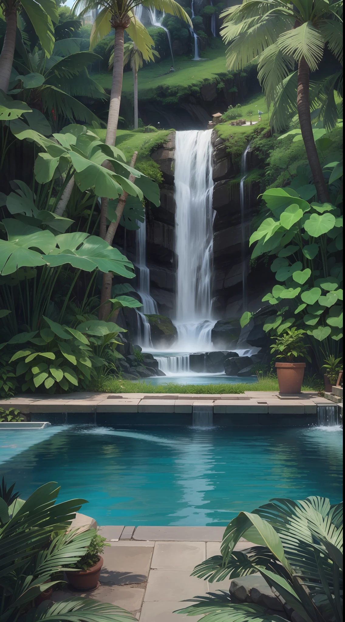 there is a pool with a waterfall and a waterfall in the background, 🤬 🤮 💕 🎀, paradise in the background, 😭 🤮 💕 🎀, ❤🔥🍄🌪, by Tom Wänerstrand, 🕹️ 😎 🔫 🤖 🚬, next to a tropical pool, many plants and infinite pool, 💋 💄 👠 👗