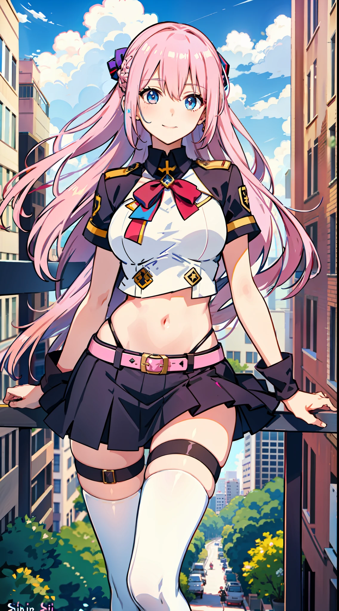 shikimori, slim legs, exposed navel, short skirt, beautiful eyes, blue eyes, happy, soldier uniform, pink hair, long hair, thigh high socks, balcony, full body,