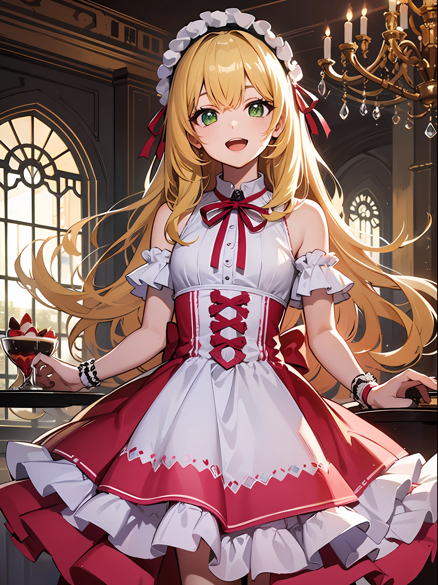 (masterpiece:1.3), (best quality:1.3), high resolution,
upper body,
eating, body facing forward, (upright:1.3), (arms at sides:1.3),
(one cute girl:1.3), solo,
white skin, small Breast, eight-headed person,
light yellow hair, long hair, red ribbon, fluffy hair, beautiful hair, green eyes, beautiful detailed eyes,
open mouth, cheerful smile,
frilled dress, pink dresses, (shortcake:1.3),
restaurant, inside the castle, luxury rooms,
shadowlighting,