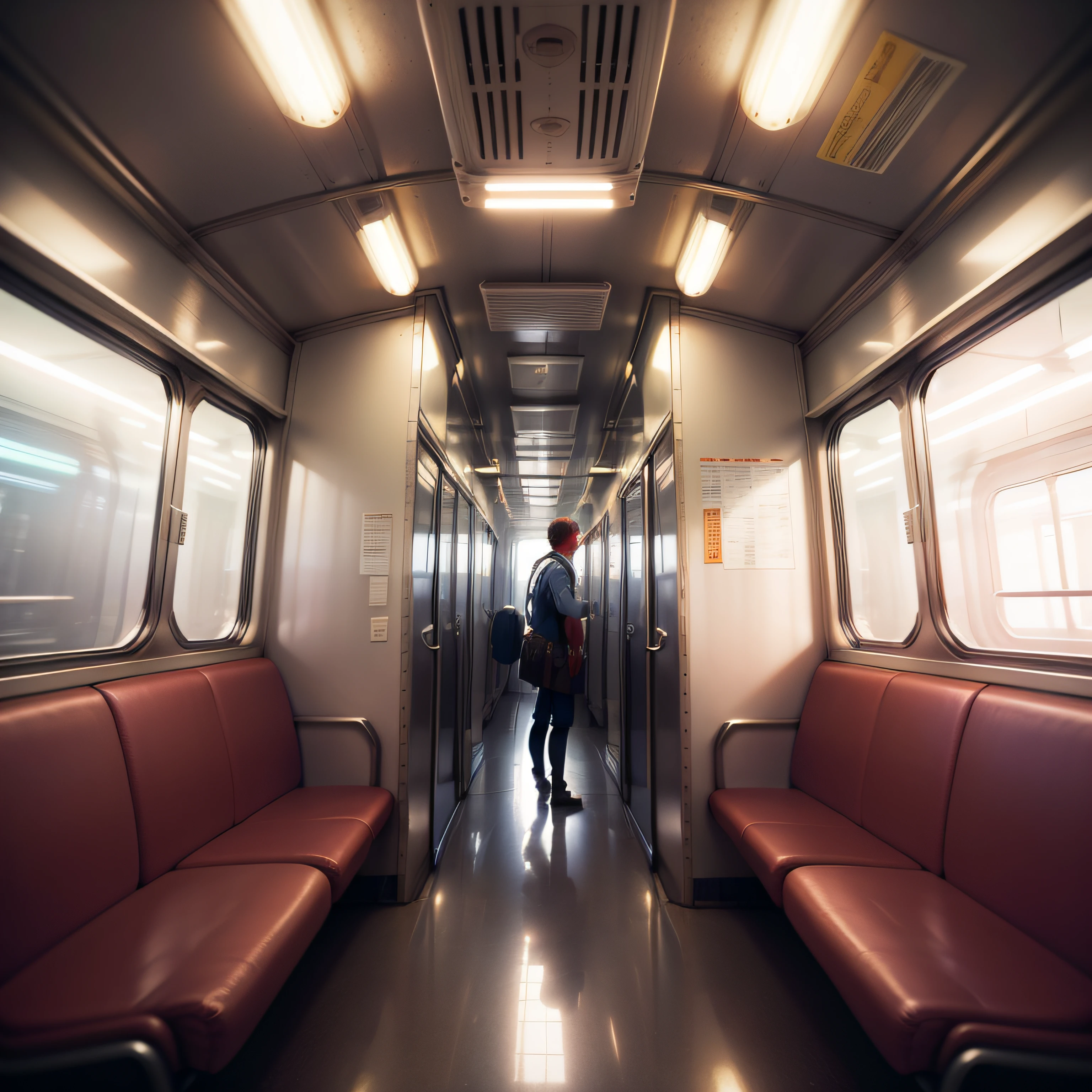corridor inside train serving white person, sitting on train seat looking at worker, psychedelic, patterns inside background, inside wagon scenery, wlop art, greg rutkowski makoto shinkai kyoto animation key art female medium shot