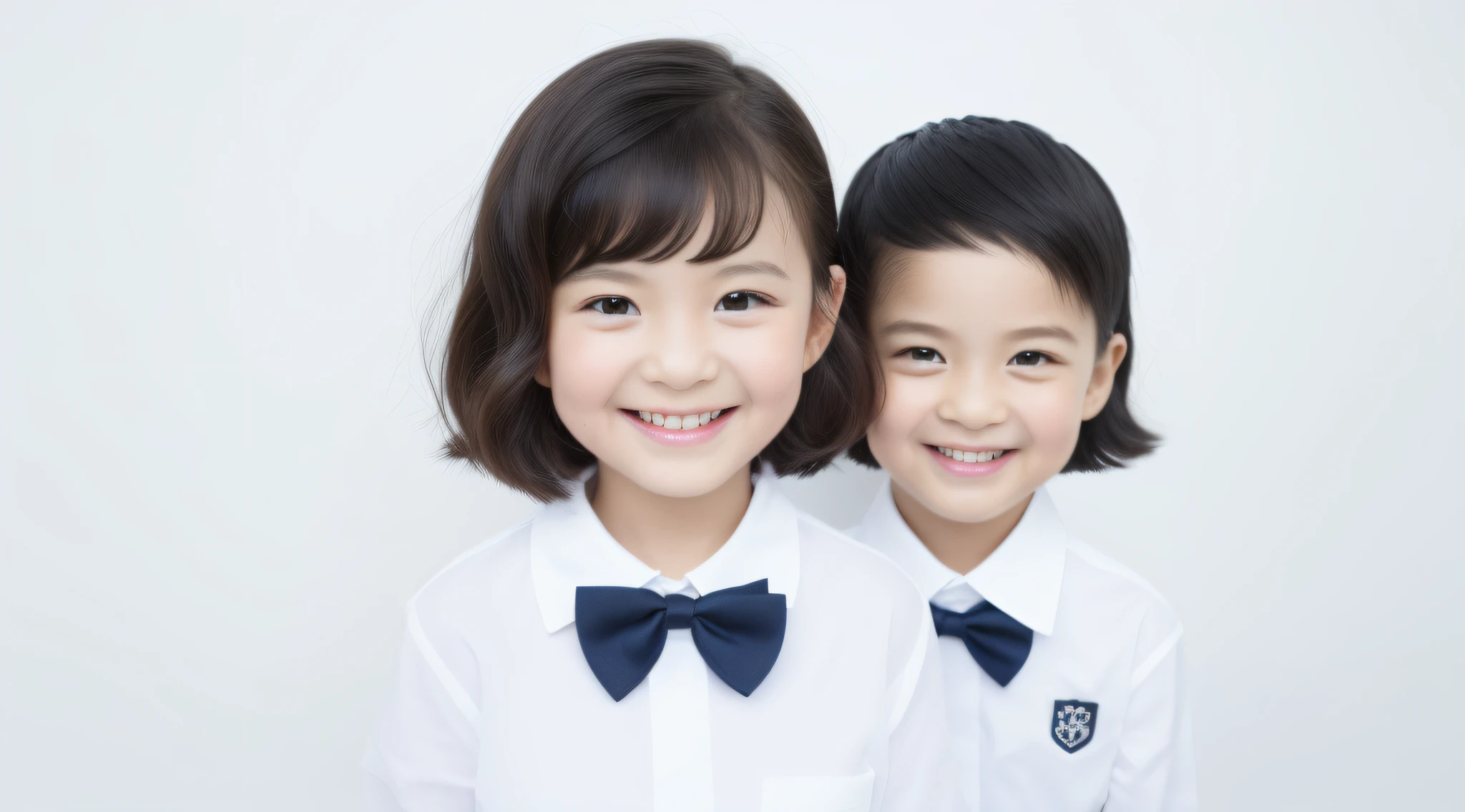 Modern style, white background, children's ID photo, cute, smiling girl, dark eyes, short hair, bow tie, clear, high quality