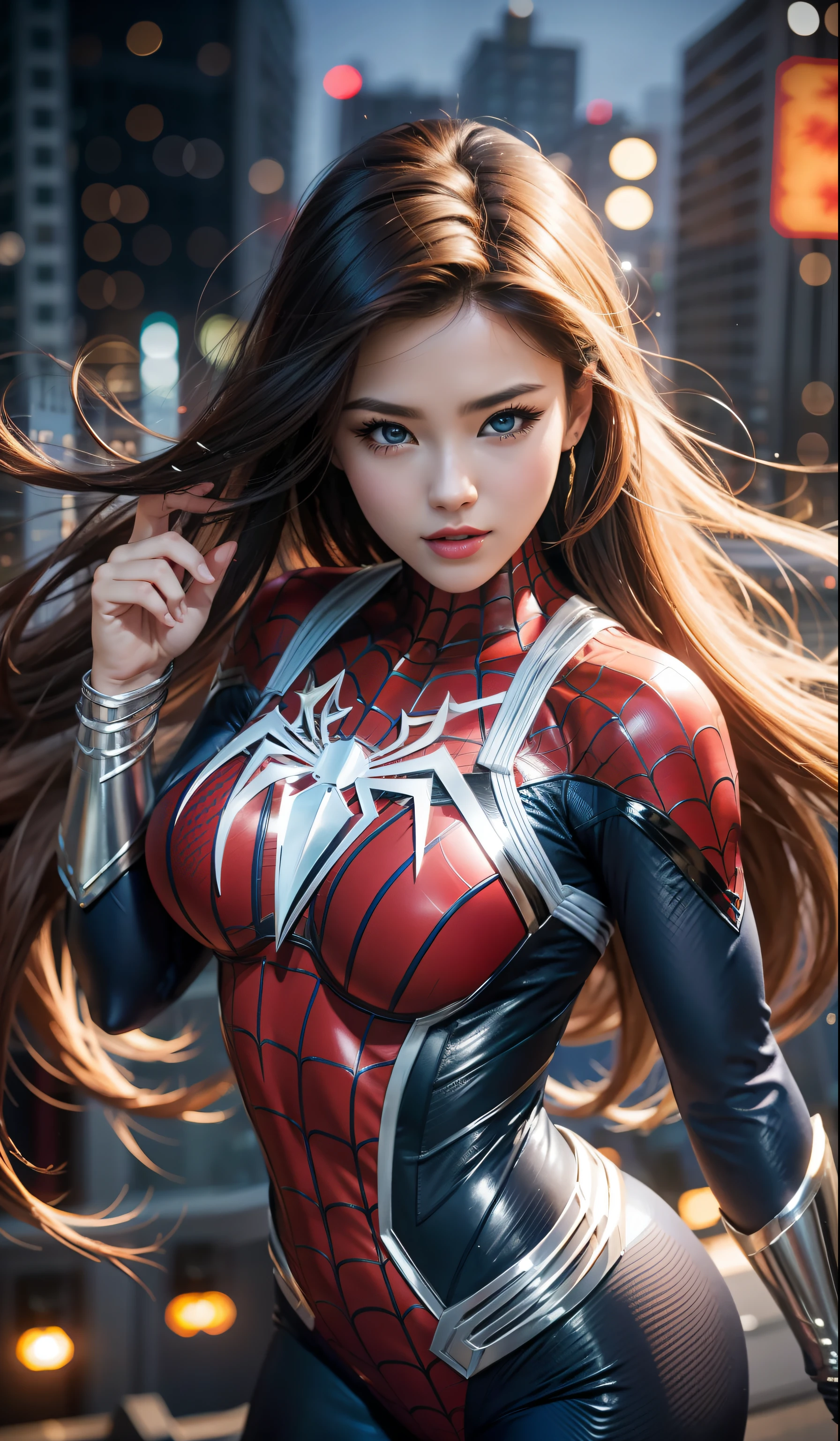 （tmasterpiece：1.4）， （8k， realisticlying， RAW photos， best qualtiy： 1.4）， japanes， （1girll）， beauitful face， （photorealiscic face：1.4）， （whaite hair， long whitr hair：1.3）， Beautiful hairstyle， beatiful detailed eyes， （best ratio eyes：1.5）， Attractive， 超高分辨率， Ultra photo realsisim， highly  detailed， Optimal proportions， （Detailed face：1.4）， looking at viewert， Red lipstick， （best ratio fingers：1.5）， （white super hero theme， carismatic， there's a girl on top of town，Wearing lingerie Spider-Man costume，she is a superhero），[（（25 age old），full bodyesbian，（Realistic blue eyes：1.2），（（Spider-Man pose），Show power，jump from one building to another），（（sandy urban environment）：0.8）|（view over city，the night，dynamic lights），（moon full））] # illustrated：The Prompt mainly describes a 4K painting of ultra-high definition，very realistic，The is very detailed。It showcases superheroines at the top of the city，wearing Spider-Man costume。The subject in the painting is a white superhero theme，The heroine has long white hair，He is 25 years old，The entire figure is shown in the painting。In terms of depicting the action of a superheroine，Spiders were used，