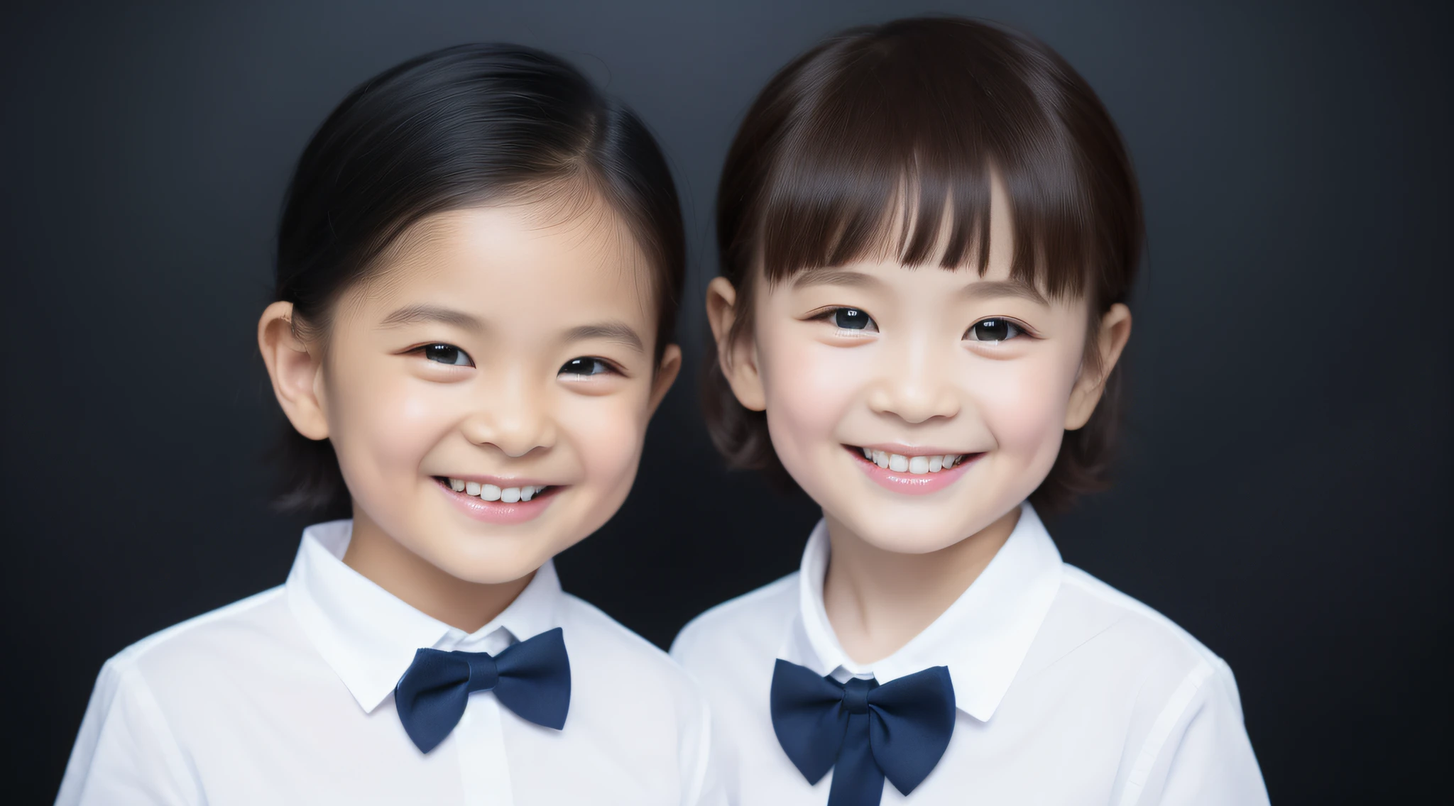 Modern style, white background, children's ID photo, cute, smiling girl, dark eyes, short hair, bow tie, clear, high quality
