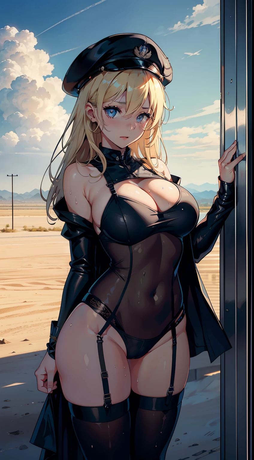 1girll，Huge breasts， She's wet， Erotic blue officer uniform，Wear a beret on the head，Standing in front of the fighter，Desert airfield，marine，Tong，比基尼，Take aphrodisiacs，Lewd expression， exteriors， Skysky，the night， blond hairbl，， exposed bare shoulders， standing on your feet，Hands over chest，fully body photo，Bigchest， wetclothes， From the front side， hair straight， mostly cloudy sky， Wet hair （（（tmasterpiece），（Very detailed CG unity 8K wallpaper），best qualtiy，Open-mouthed，drools，1girll，cinmatic lighting，detailed back ground，beatiful detailed eyes，Bright pupils，（Very fine and beautiful），（Beautiful and detailed eye description），ultra - detailed，tmasterpiece，）），facing at camera，Leakage out of the breast，Expose the genitals，nakeness，leering，Protruding ，Camel toes，cleavage，legs are open，Climactic expression，