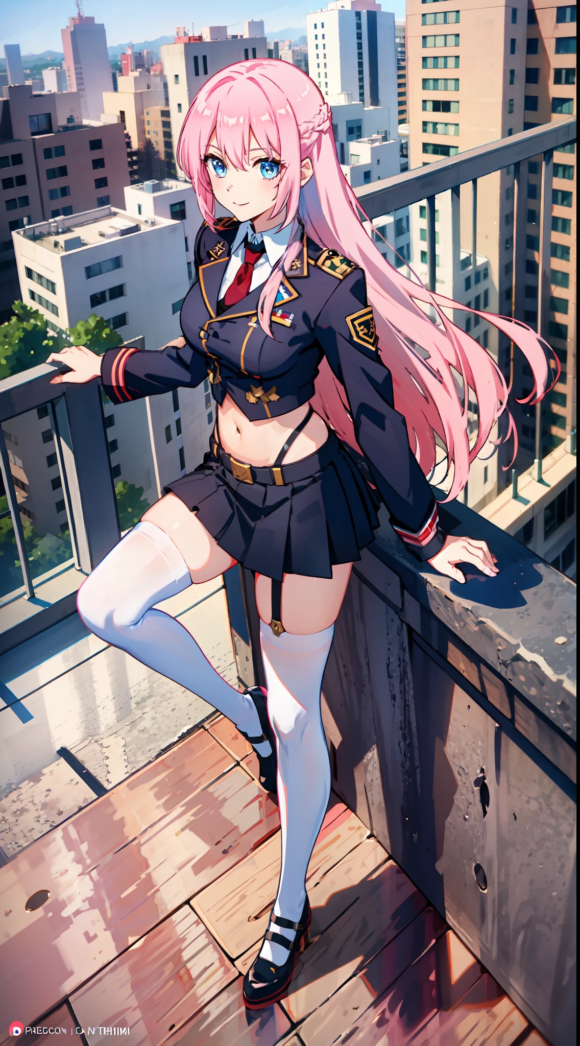shikimori, slim legs, exposed navel, short skirt, beautiful eyes, blue eyes, happy, soldier uniform, pink hair, long hair, thigh high socks, balcony, full body,