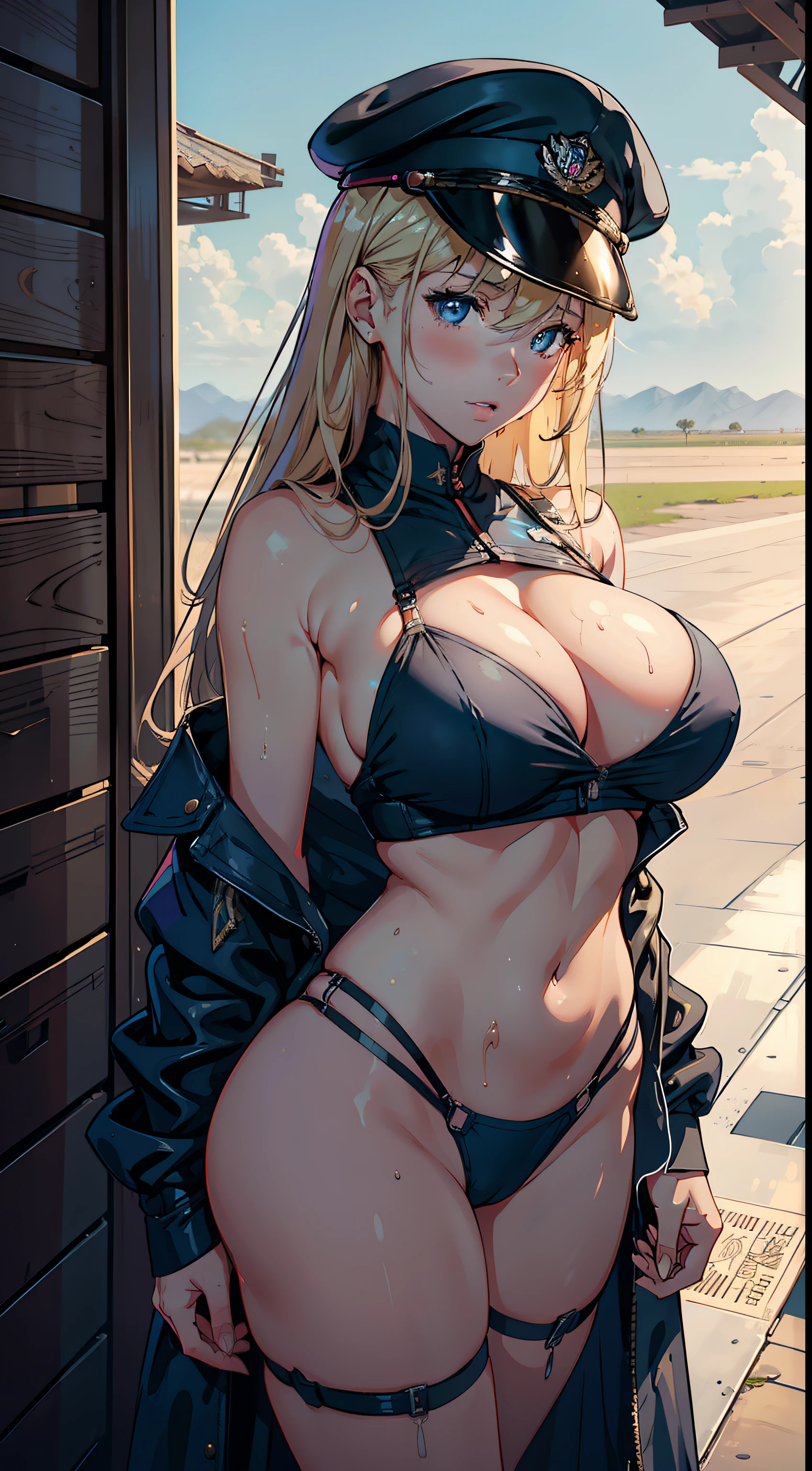 1girll,Huge breasts, She's wet, Erotic blue officer uniform,Wear a beret on the head,Standing in front of the fighter,Desert airfield,marine,Tong,比基尼,Take aphrodisiacs,Lewd expression, exteriors, Skysky,the night, blond hairbl,, exposed bare shoulders, standing on your feet,Hands over chest,fully body photo,Bigchest, wetclothes, From the front side, hair straight, mostly cloudy sky, Wet hair (((tmasterpiece),(Very detailed CG unity 8K wallpaper),best qualtiy,Open-mouthed,drools,1girll,cinmatic lighting,detailed back ground,beatiful detailed eyes,Bright pupils,(Very fine and beautiful),(Beautiful and detailed eye description),ultra - detailed,tmasterpiece,)),facing at camera,Leakage out of the breast,Expose the genitals,nakeness,leering,Protruding ,Camel toes,cleavage,legs are open,Climactic expression,