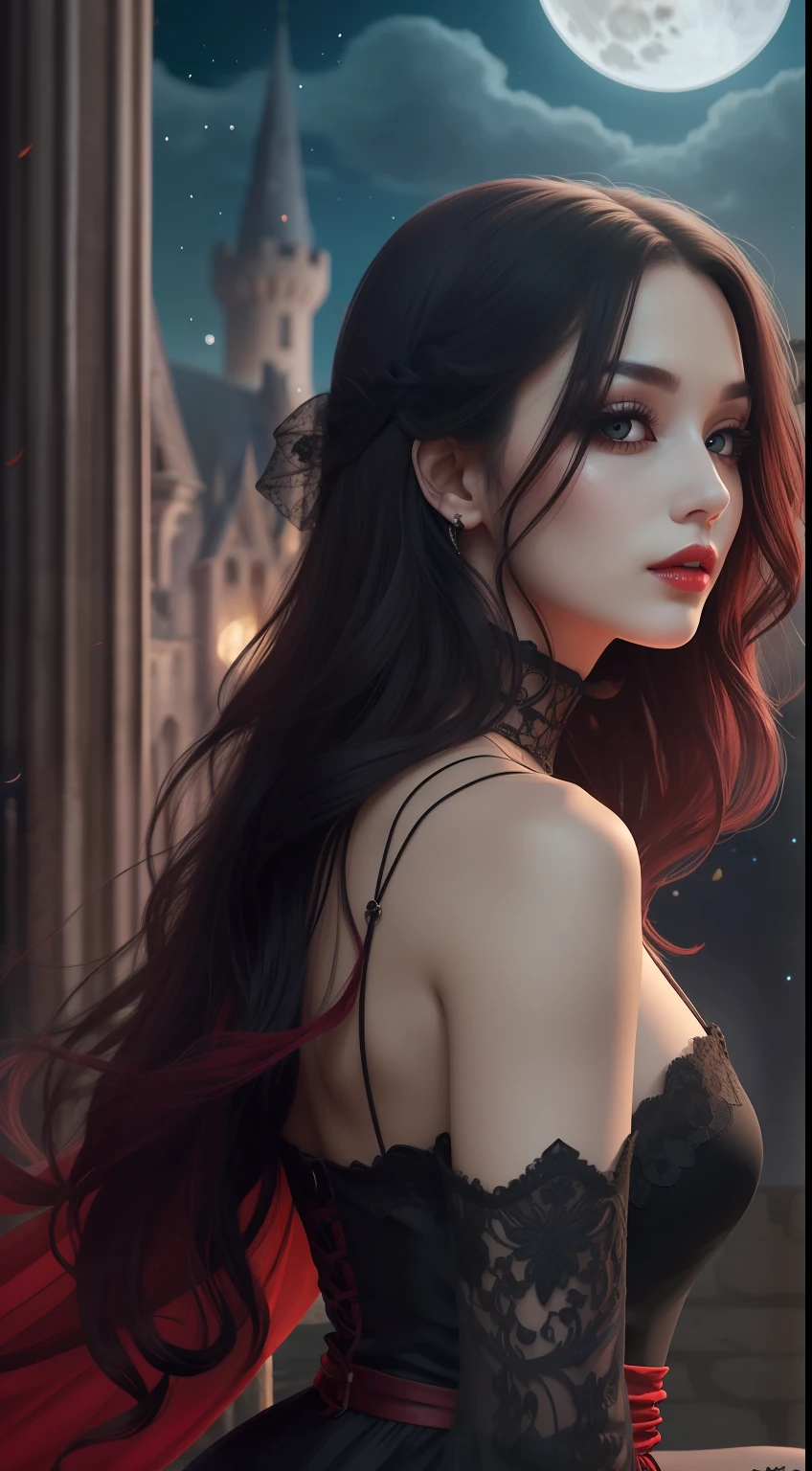 A Pretty Rogue with
Long black hair and captivating eyesBald skin and slightly reddish lips ((long red dress))and fluid with lacy detailsConfident and seductive pose, holding a fanNight scenery in an ancient Gothic castle, with the full moon in the sky