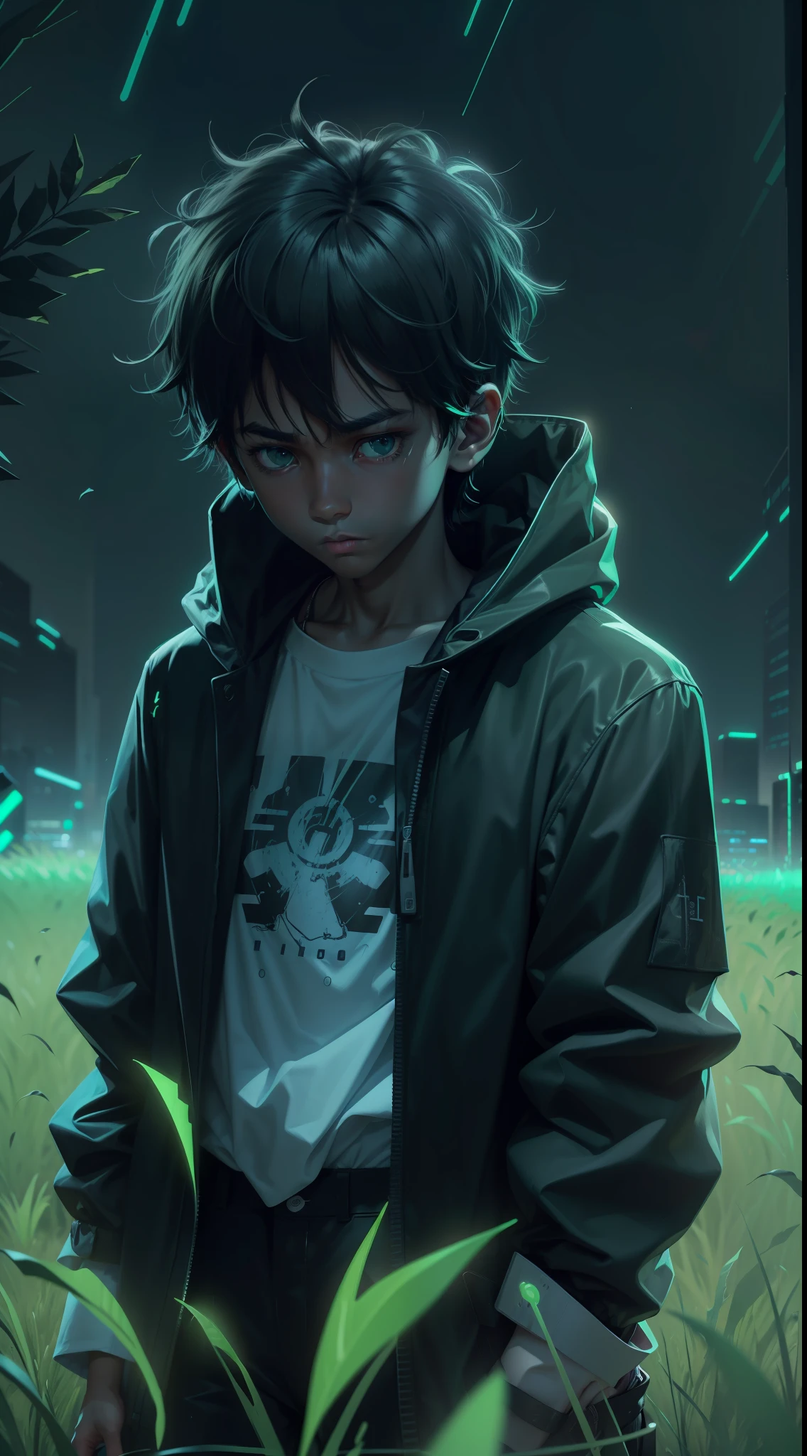 {(Darkness scene:1.2),(illustração neon style:1.3),(8k wallpaper:1.1),(desolated:1.1)} (1 boy) [(black skin boy:1.2),(medium hair),(black hair),(12 years old),(black eyes),(sad),(depressed), (Social clothes)] (background: green field)