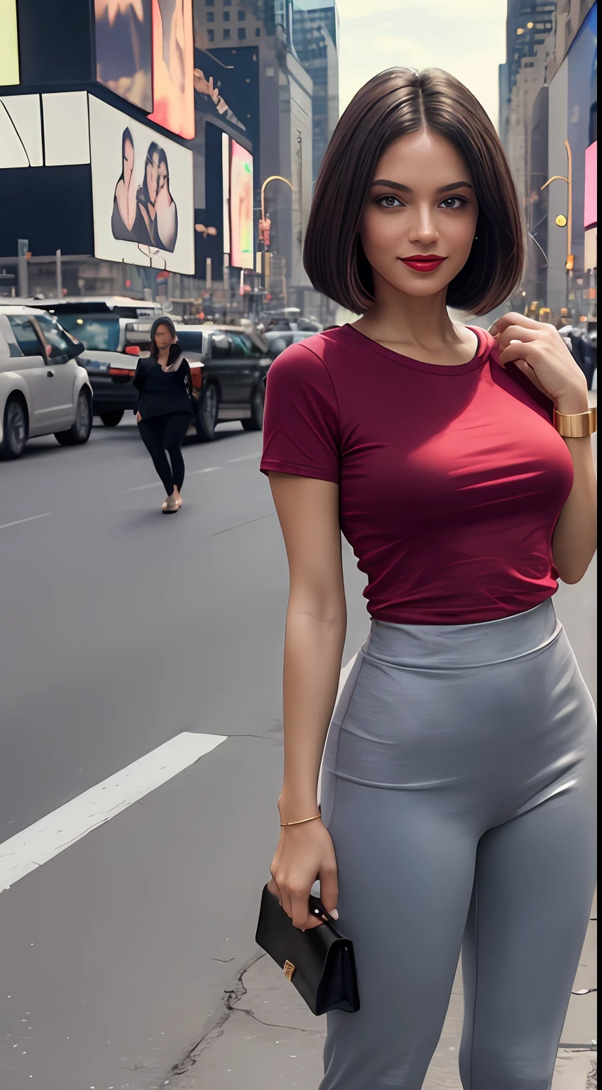((Best Quality, 8k, Masterpiece:1.3)), Focus: 1.2, Perfect Body Beauty: 1.4, front looking 1.2, ((Bob cut Hairstyle)), (Gray round neck plain Tee-shirt, regular fitting:1.1) , (sunny weather, Street:1.3), black yoga Pants, full length yoga pant: 1.1, Highly detailed face and skin texture, Detailed eyes, Double eyelids, toned body, Whitened skin, smile, black straight hair's, heels, firm breasts, firm thiges, looking at camera, fashion shoot style, full body length tee-shirt, Short sleeves, high heels, big earrings, hand bangle's and golden watch. Carrying brown hand bag, dark red lipstick, regular fit tee-shirt, lose Teeshirt , standing at time square