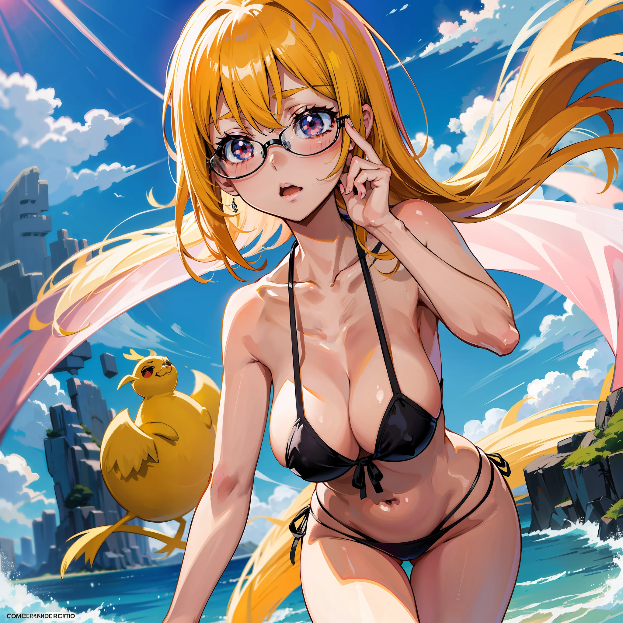 Un dibujo de caricatura de una mujer con gafas pelo corto negro y bikini, with index finger, Anime Moe Artstyle, Gapmoe Yandere, Pose de anime, "Chica de anime, Dar el dedo medio, en un estilo anime, Sombreado plano estilo anime, Nagatoro, Yandere, por Kamagurka, Estilo de anime limpio y detallado, por Shingei, Pin en anime